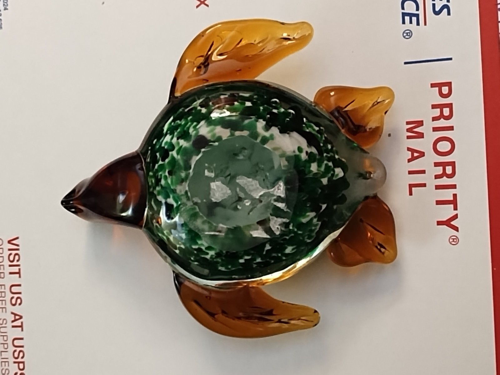 Collectible Amber /Green White Sea Turtle Hand Blown Art Glass No Chips See Pics
