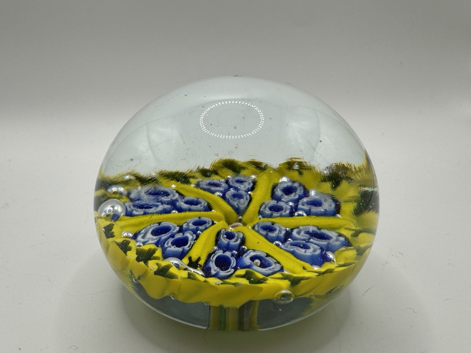 Art Glass Paperweight Millefiori-inspired Canes in blue, white, yellow, green
