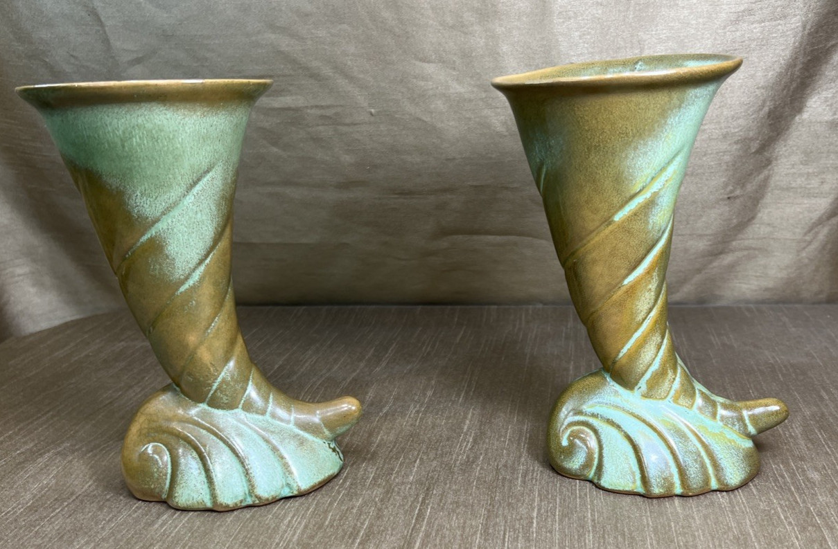 Set of 2 Early Era Frankoma Pottery #56 Ada Clay Green Cornucopia Vase Planters