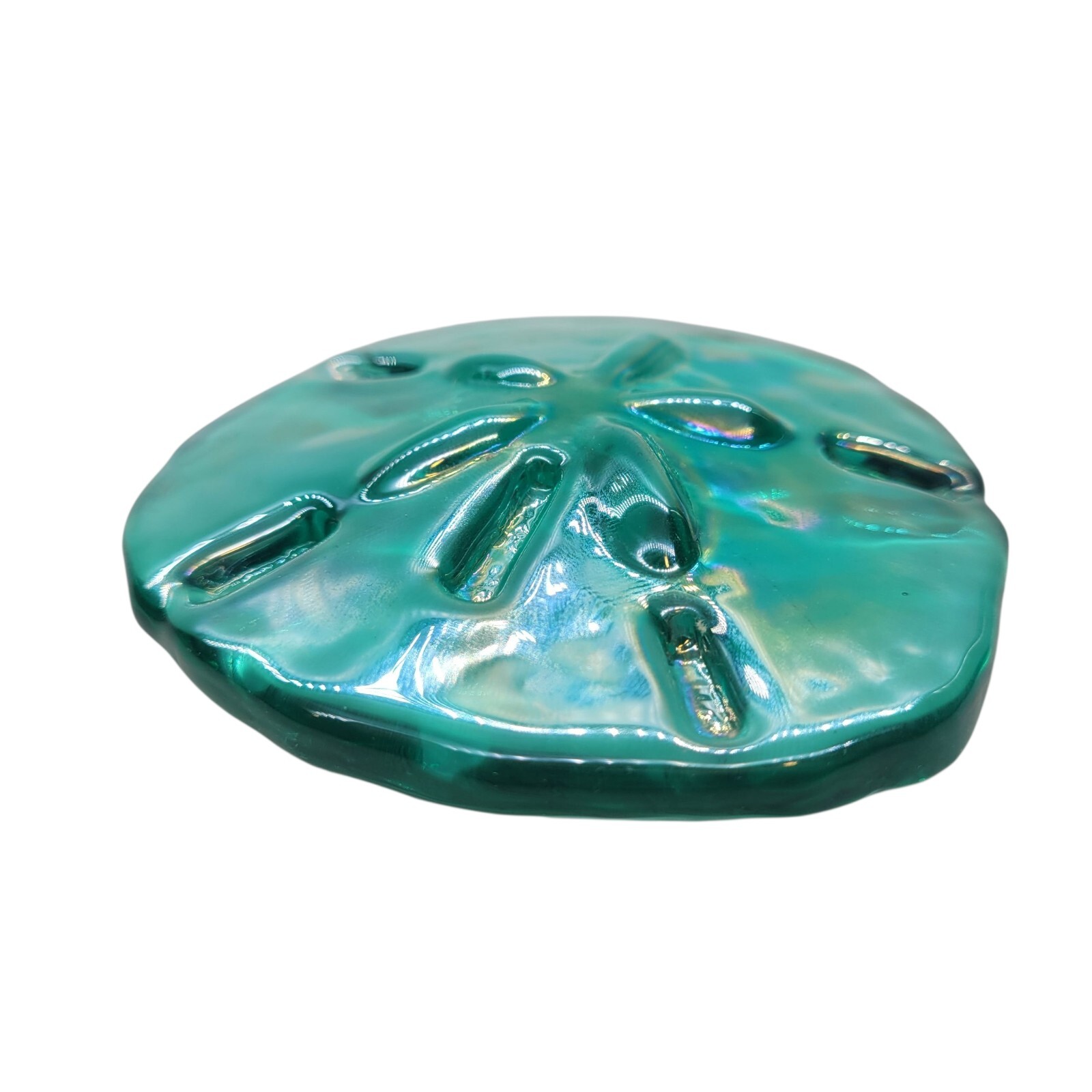 Vintage Sand Dollar Paperweight Iridescent Green Luster Art Glass Coastal Decor