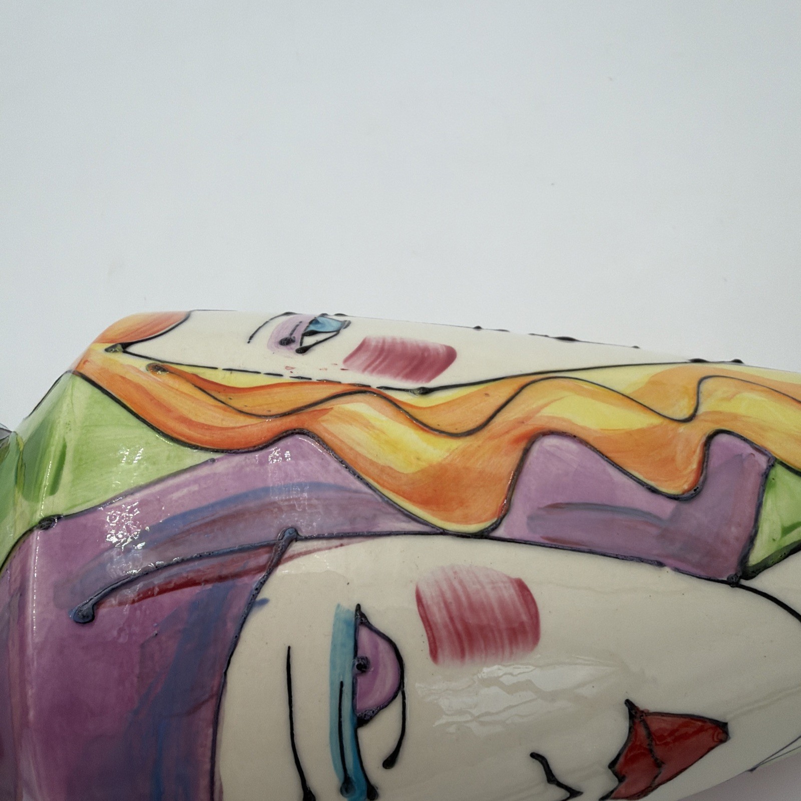 DENISE FORD Original 2003 Signed Post Modern Pop Art CERAMIC VASE 3 Faces 9”