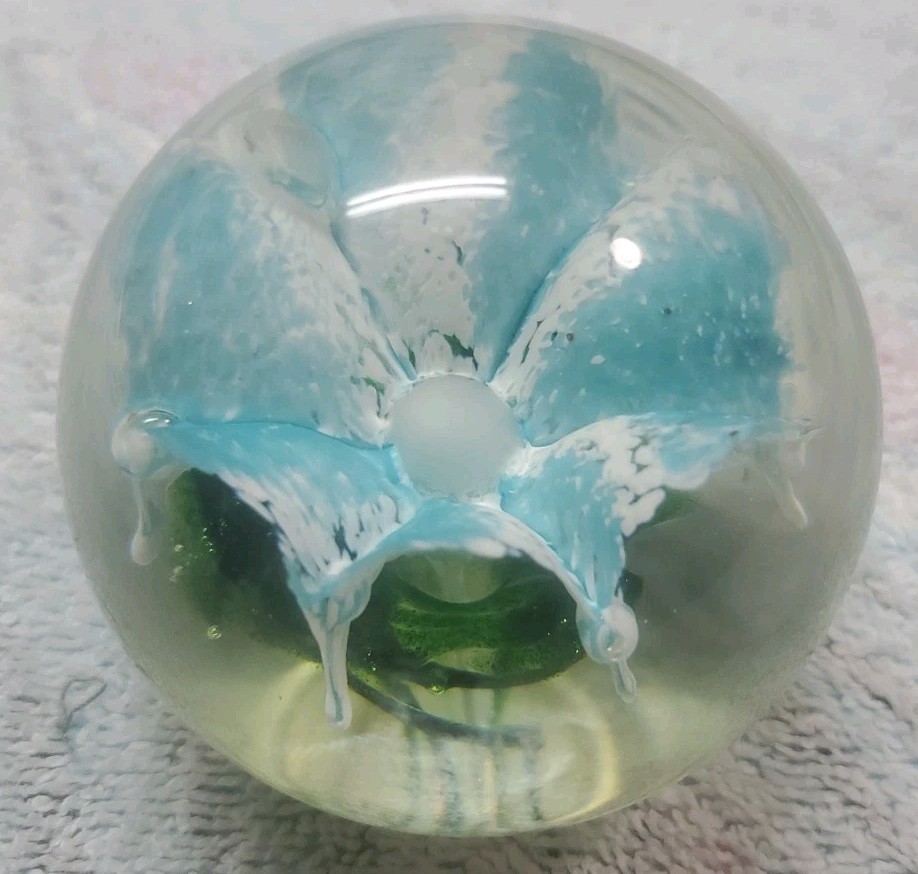 Hand Blown Glass Paperweight Blue And White Flowers With Green Signed By Artist
