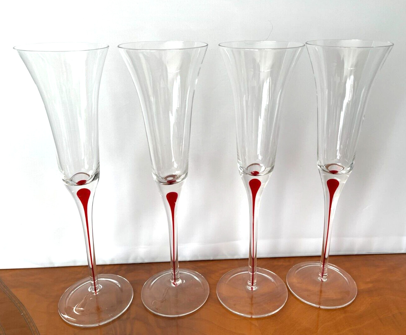 Murano Glass Champagne Flutes Clear Red drop Stem Set of 4 handblown glasses