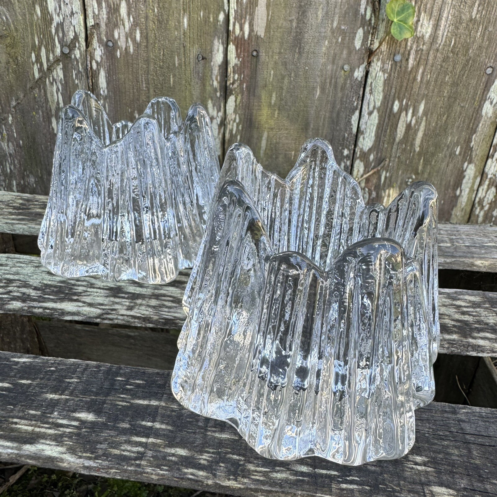 Nybro Volcano Candle Holder Clear Votive Textured Art Glass w/ Box VTG Set of 2