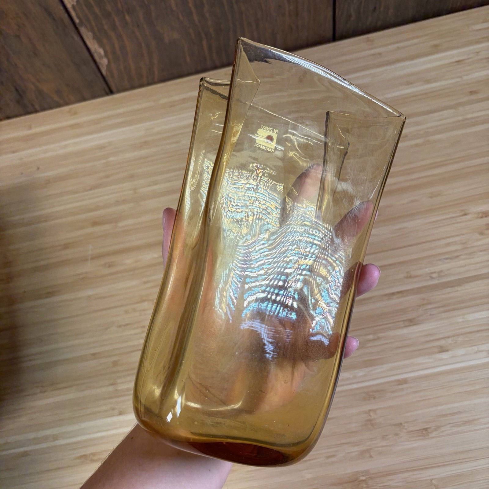 Blenko Glass 8813 Amber Paper Bag Vase With Label USA Approx 8 1/4”H