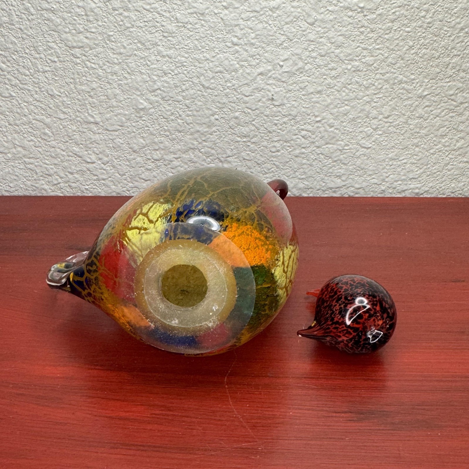 Art Glass Rooster Figurine with Chick Hand Blown Multicolor Murano Style Decor