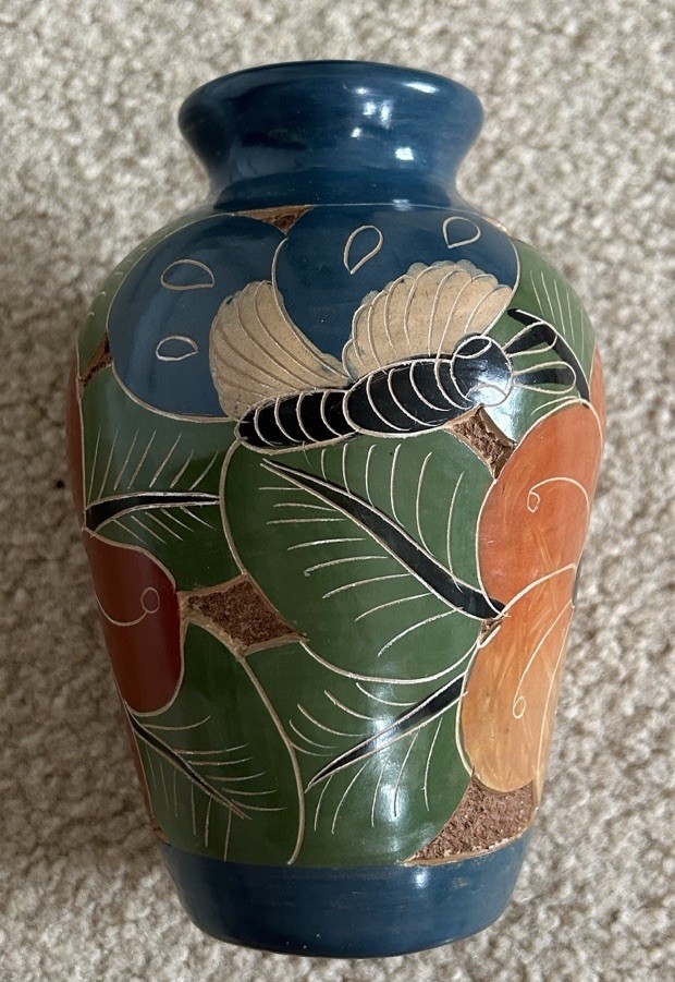 Vintage Nicaraguan Tropical Flower Ceramic Vase Teal/Green/Rust