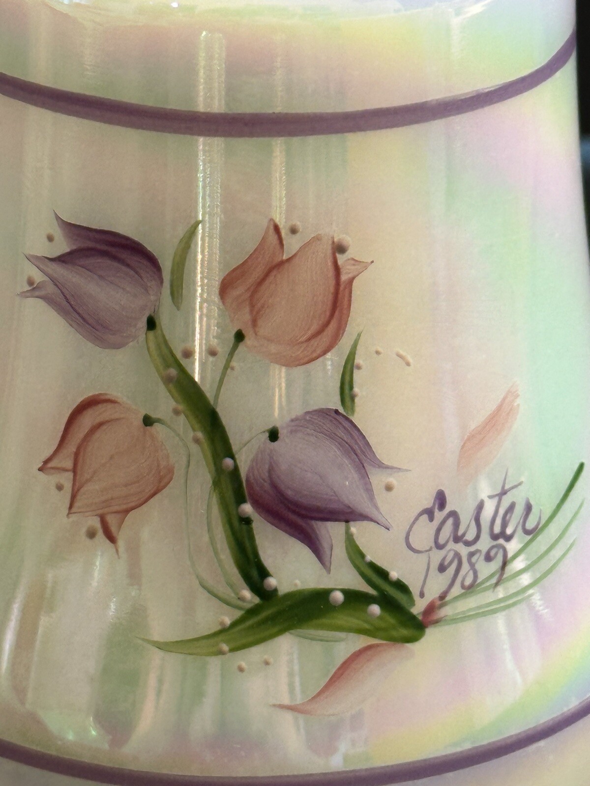 Fenton Opalescent Glass Iridescent Bell HP Tulips Easter 1989 Signed D Barbour
