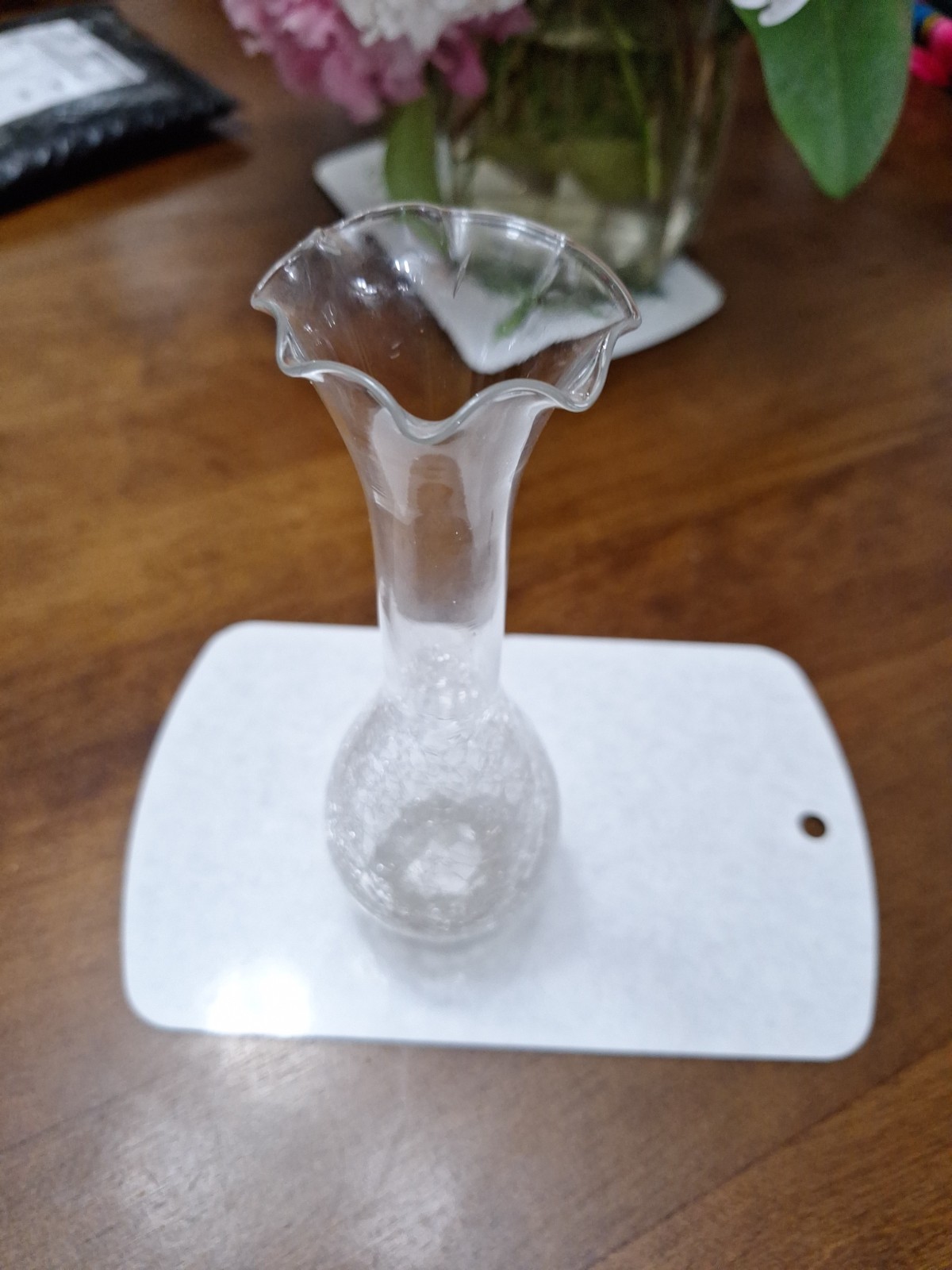 Vtg.Clear Crackle Glass Vase W/Ruffle Top~Handmade By ARTGLASS~8″ Tall~ #1931