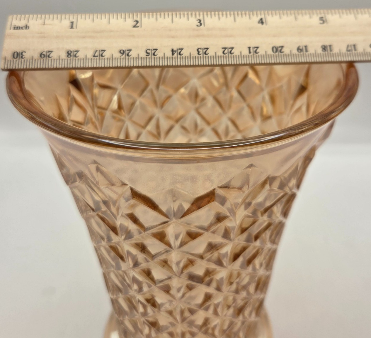 Vtg Indiana Glass Diamond Point Vase Marigold Carnival Glass Iridescent 9″ MINT