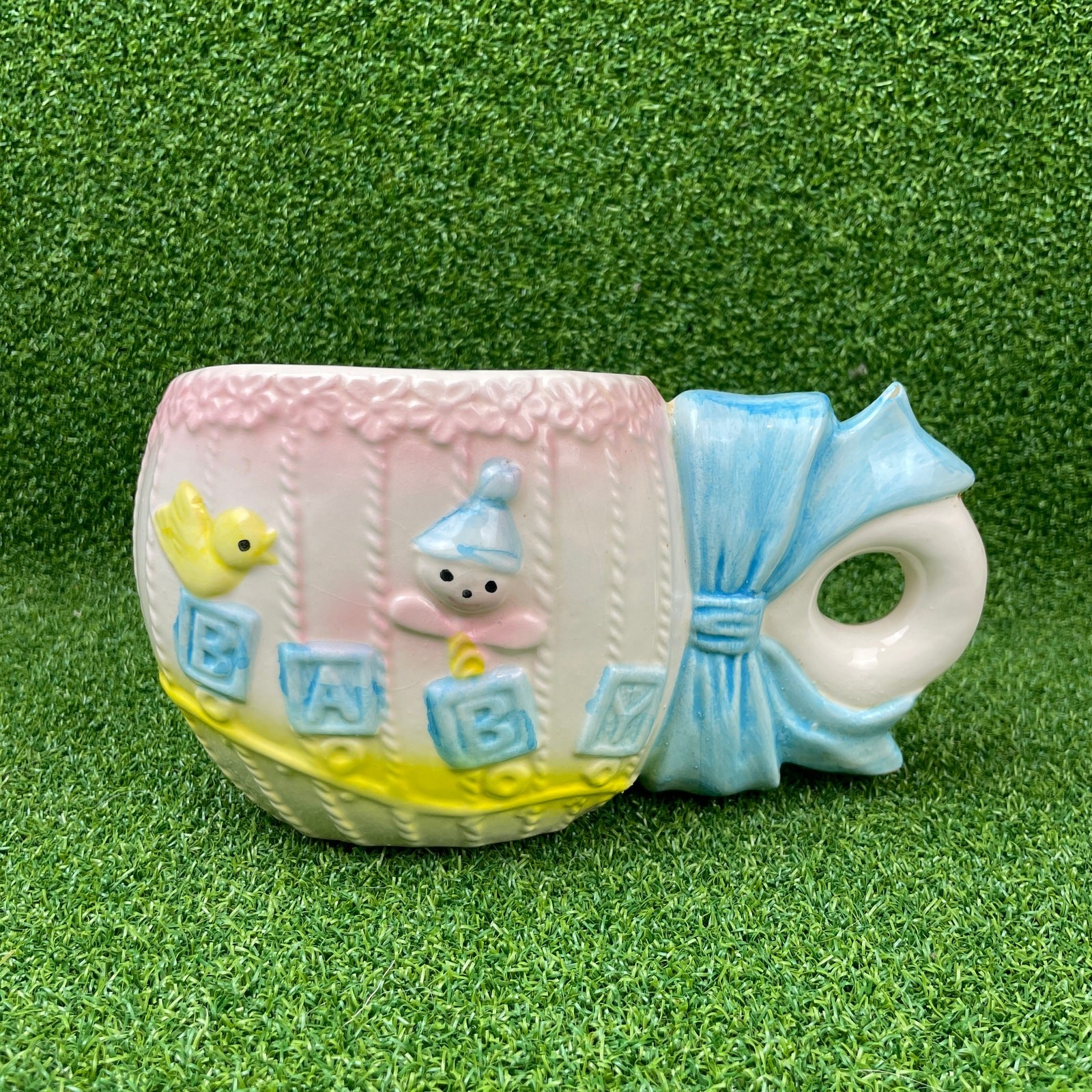 Vintage Rubens Originals Baby Mug Planter ABC Blocks Bow Nursery Decor MCM