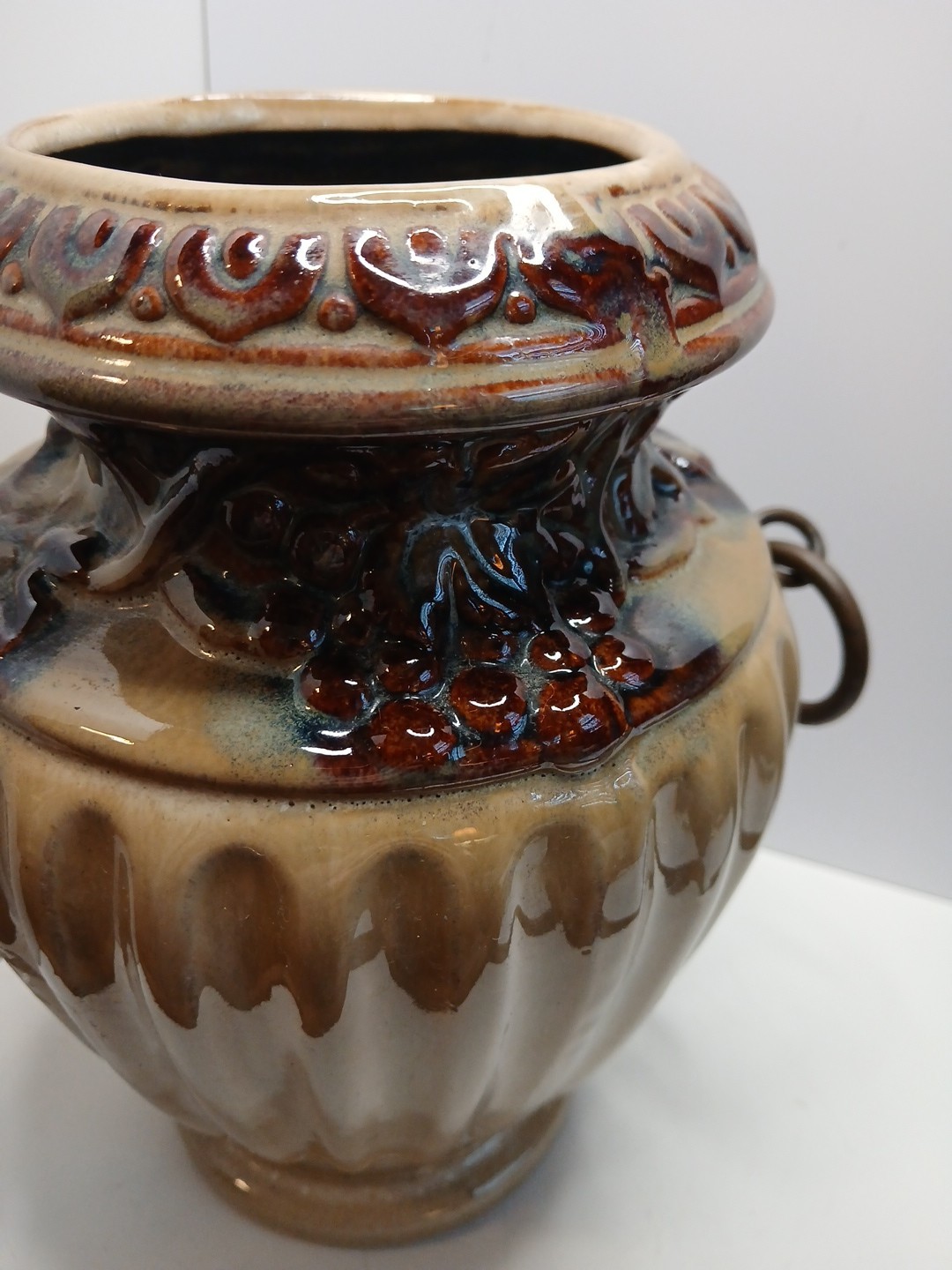 Brown Drip Glaze Ribbed 9.25 In Vase With Metal Ring Handles