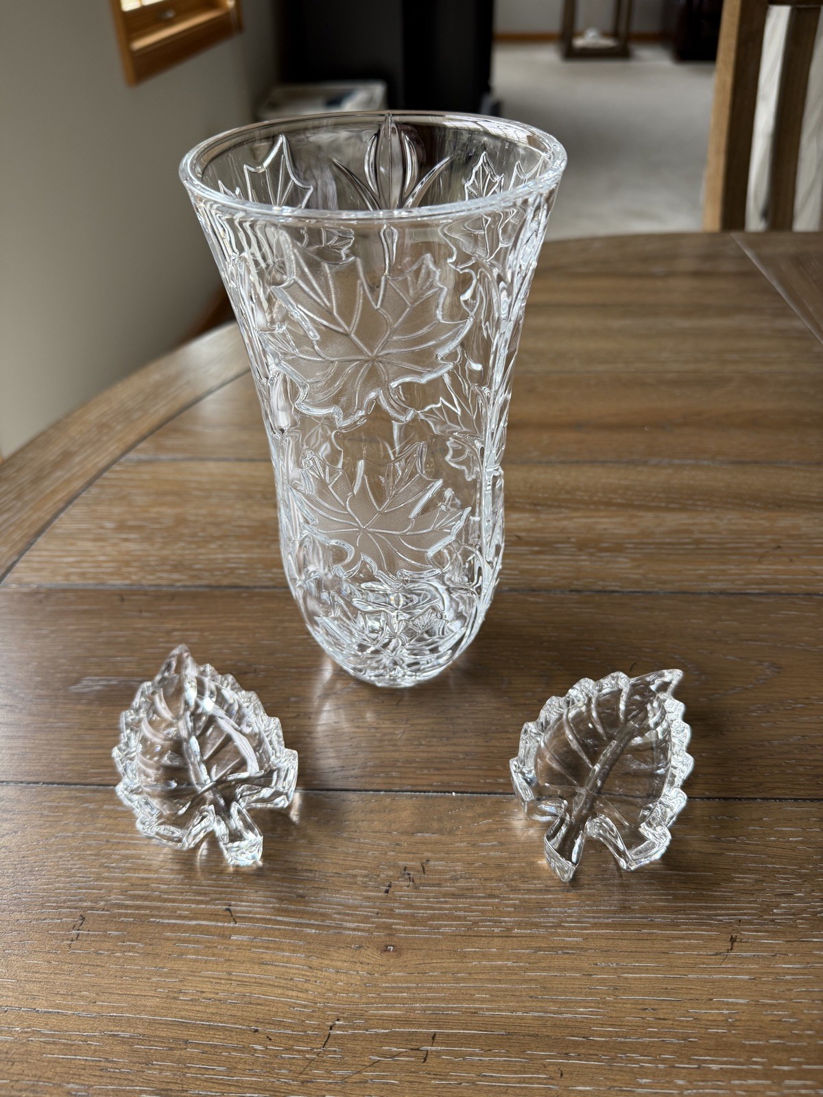 1 Vintage DePlomb Crystal Vase with Maple Leaf & 2 Vintage Zajecar Leaf Trinkets