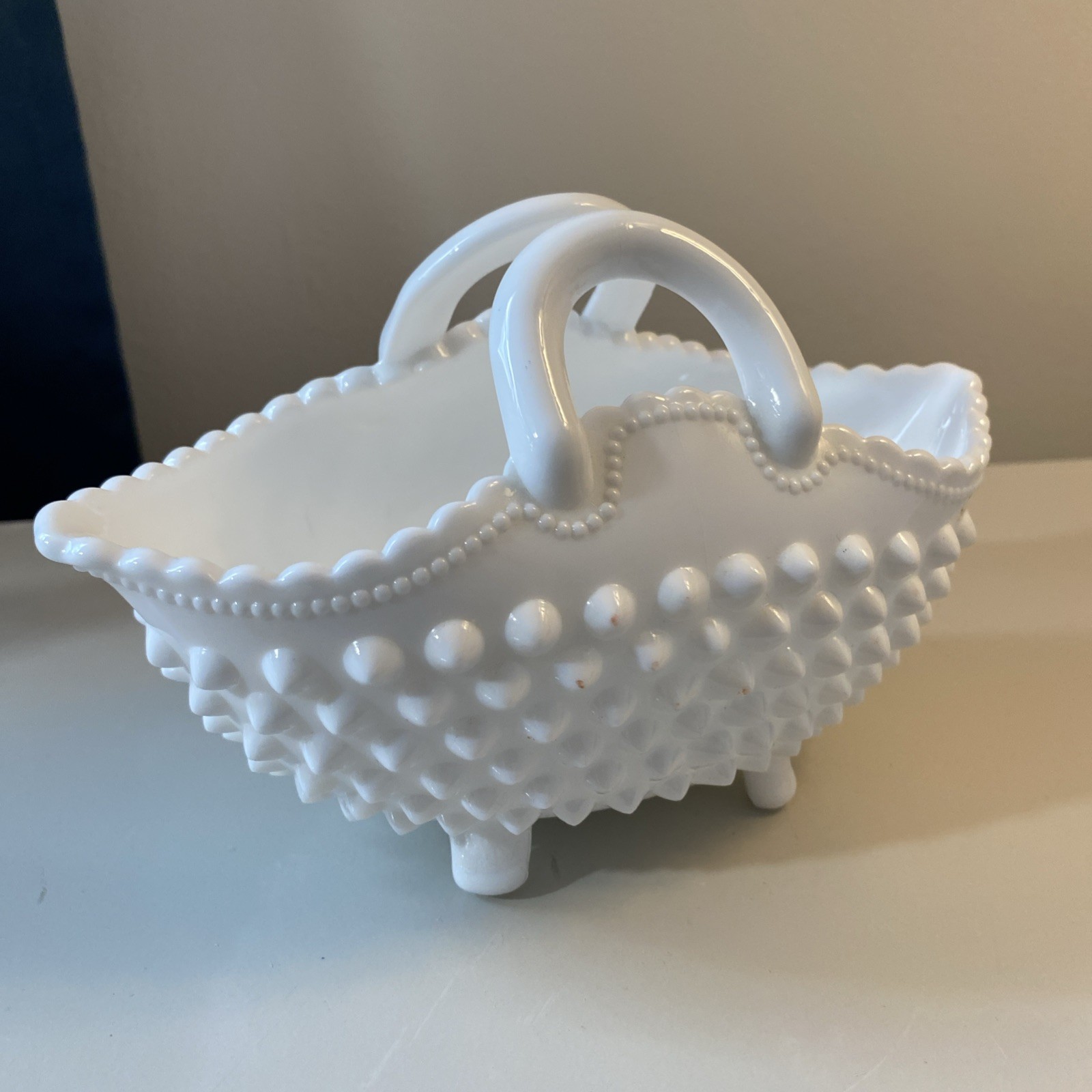 Fenton Milk Glass Hobnail Handled Basket Beaded Edge Footed