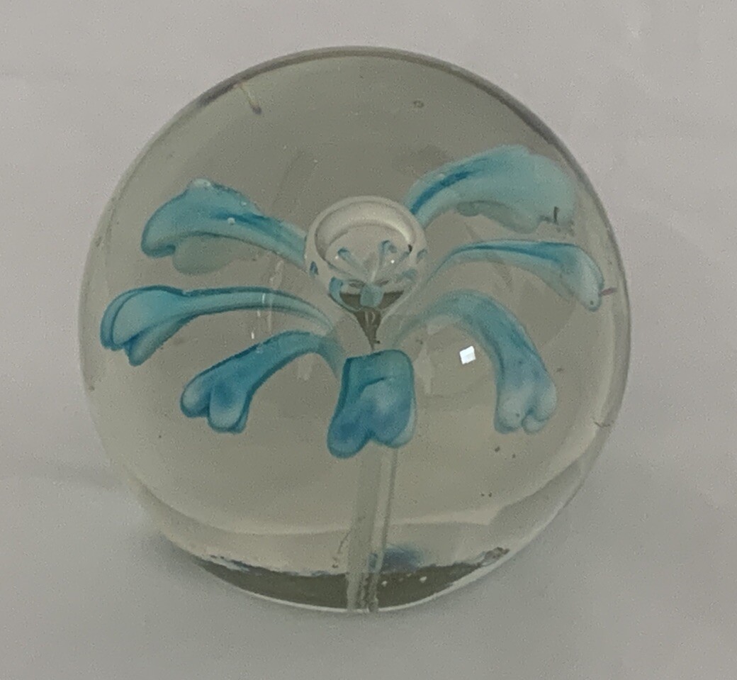 Blown Aqua/Turquoise Flowers inside Art GLASS PAPERWEIGHT 2.25”
