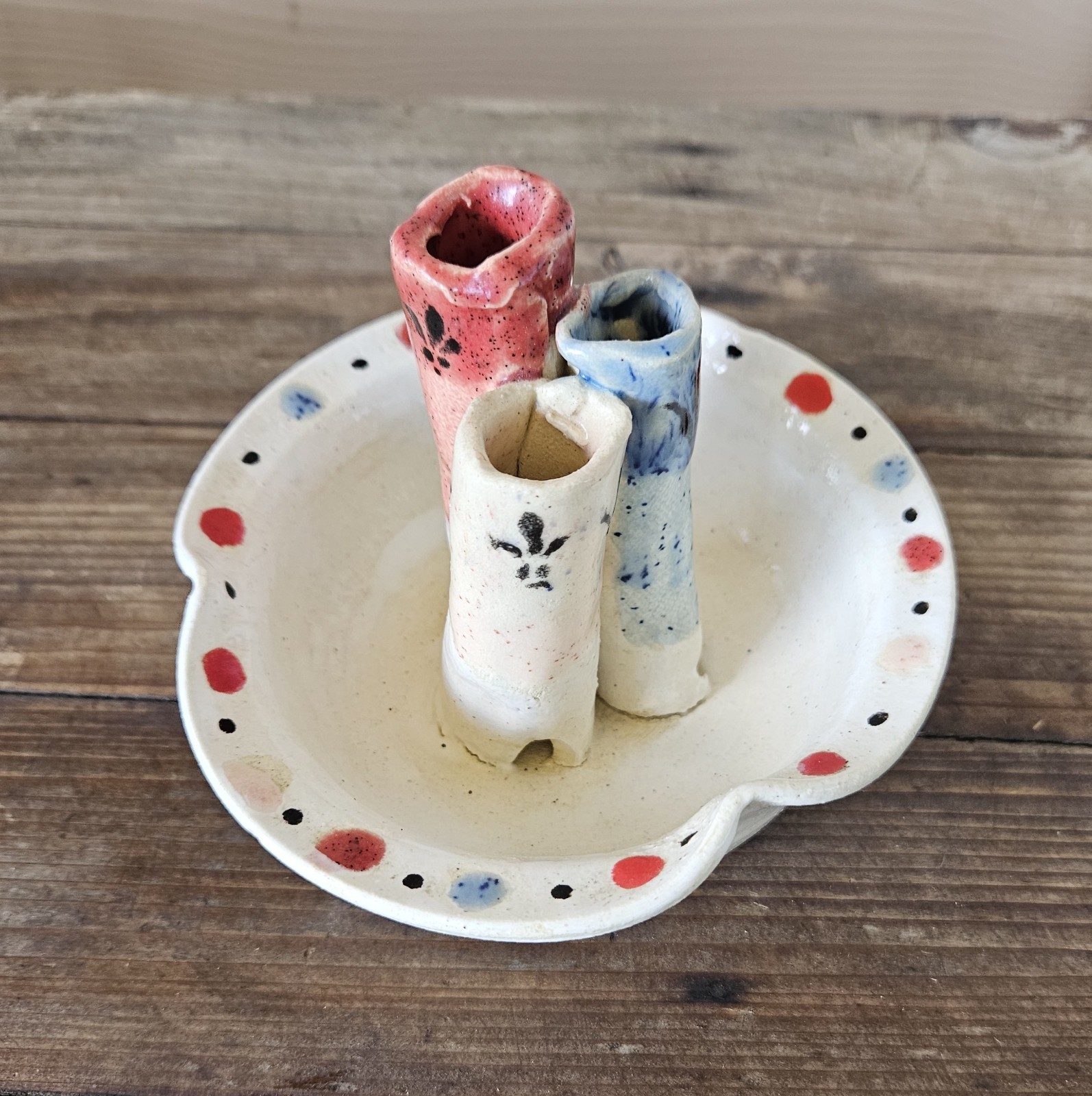 Vintage Cottage Pottery Multi Bud Vase Stamped Dove’s Landing Handpainted 4″ H