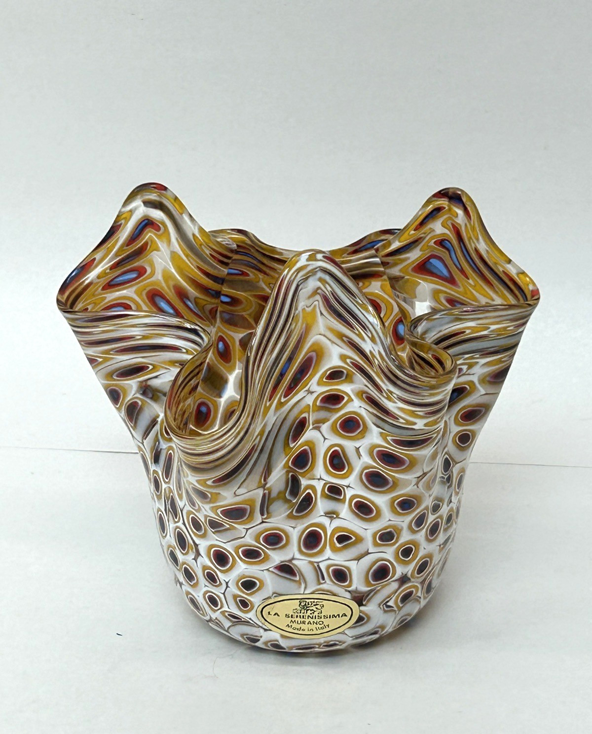 Murano Glass La Serenissima Millefiori Handkerchief Vase Bowl Italy Red Brown 4″