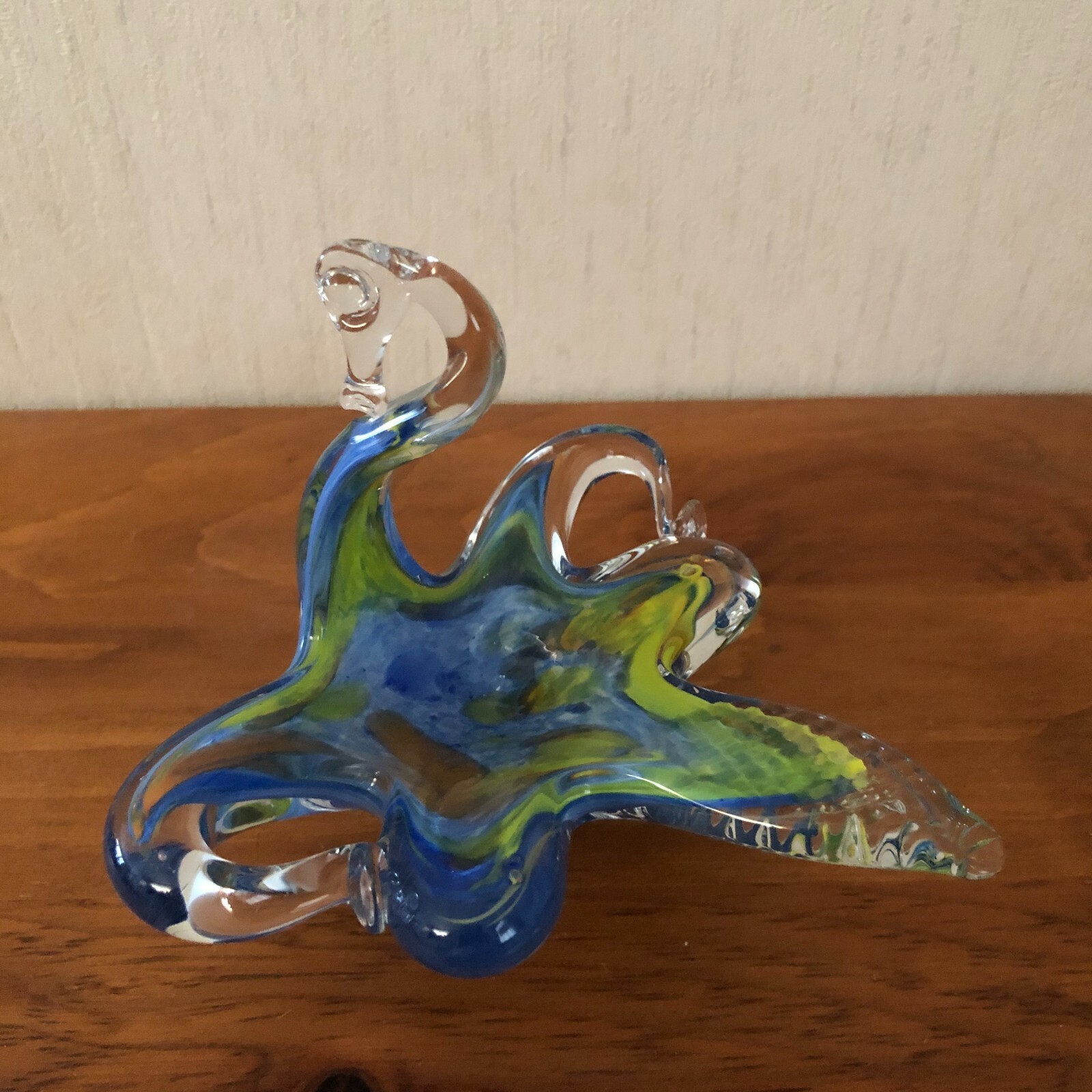 Art Glass Swan Figurine, Blue, Green and Orange Cased in Clear, 4 1/2 x 6 x 5″