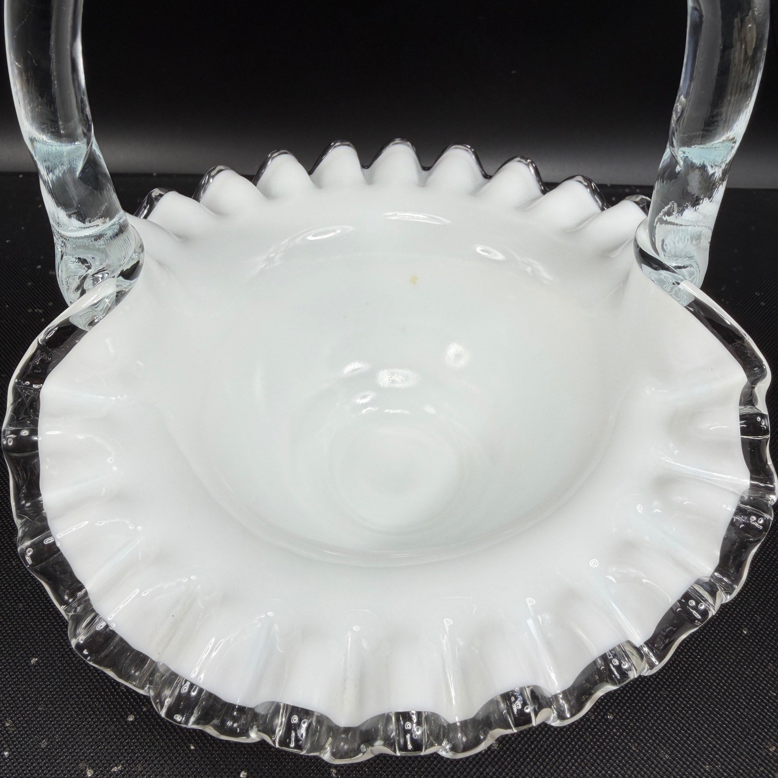 Fenton Milk Glass Silver Crest Ruffled Basket Clear Twisted Handle Vintage 7in
