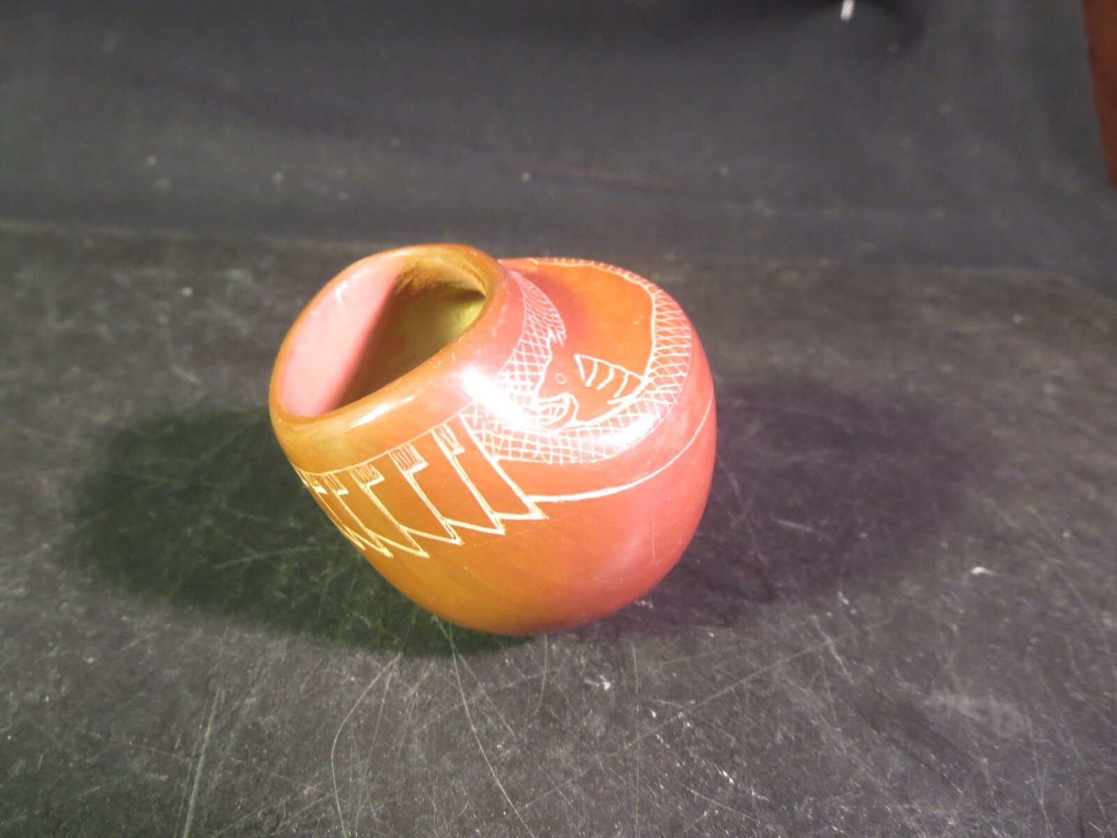 2-1/2″ Tall Native American Pottery Polly Incised Redware