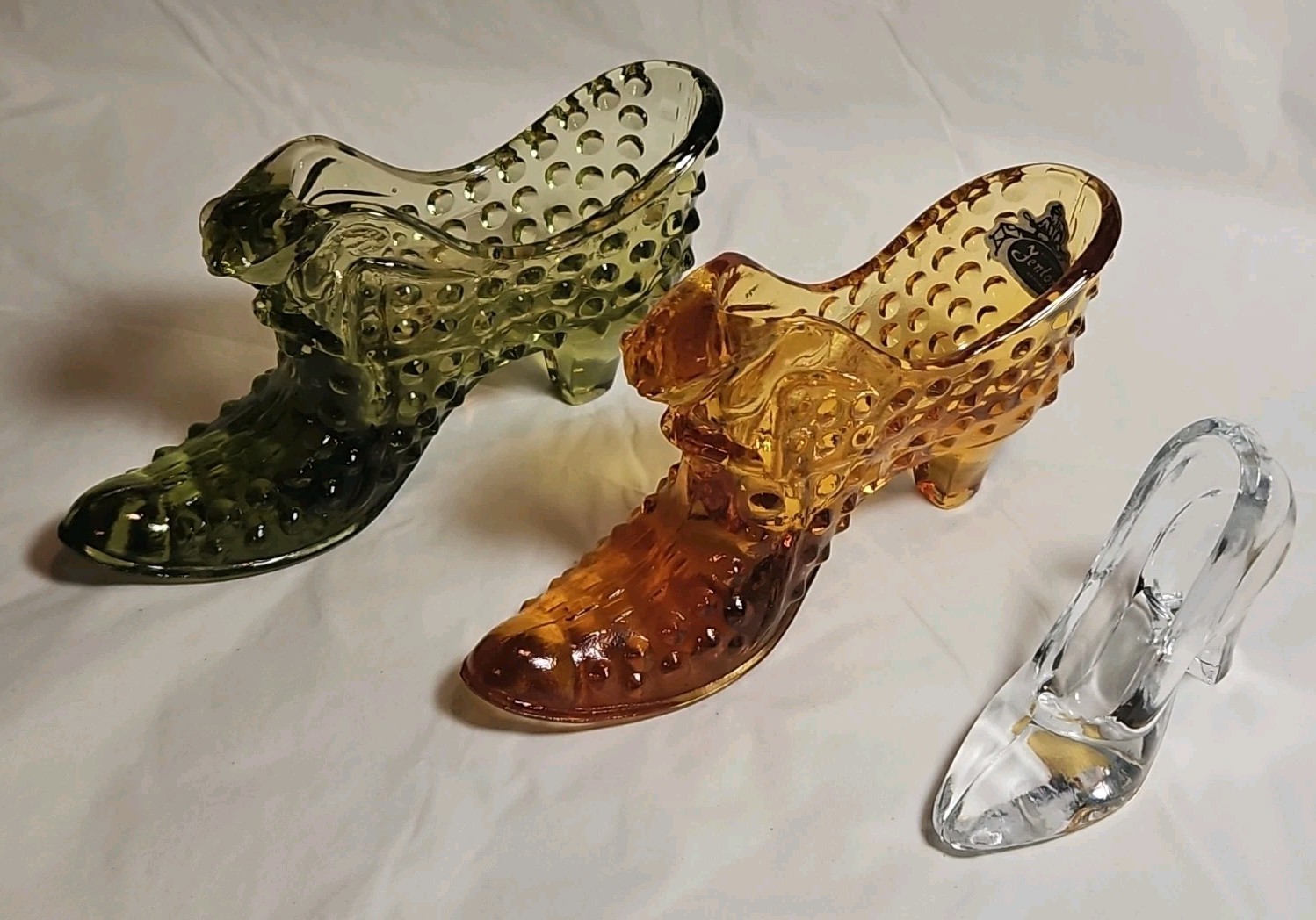 Fenton Art Glass slipper shoes, colonial green hobnail pattern cat head design