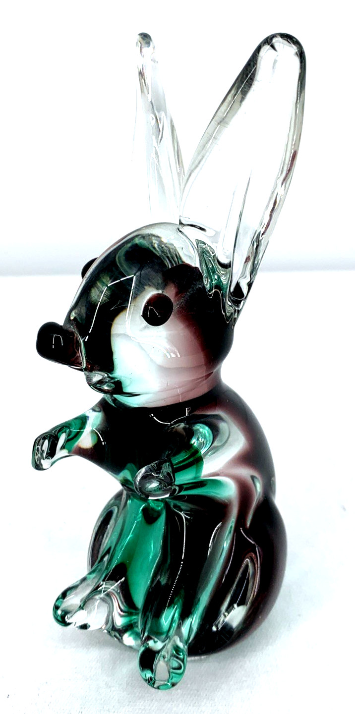Murano Art Glass Bunny Rabbit Green Purple Long Ear 6″ Derpy Vintage