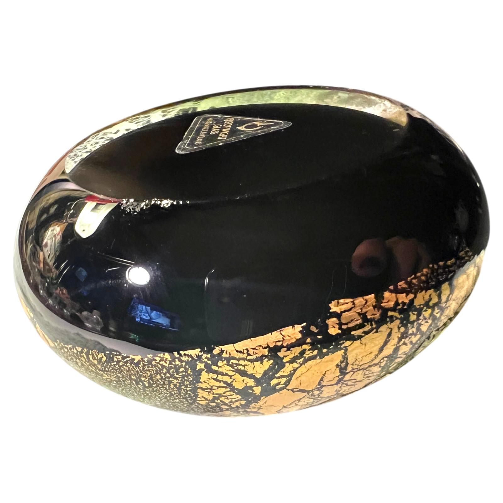 Vintage Isle of Wight Studio Art Glass Black Gold Leaf Paperweight England 2.75″