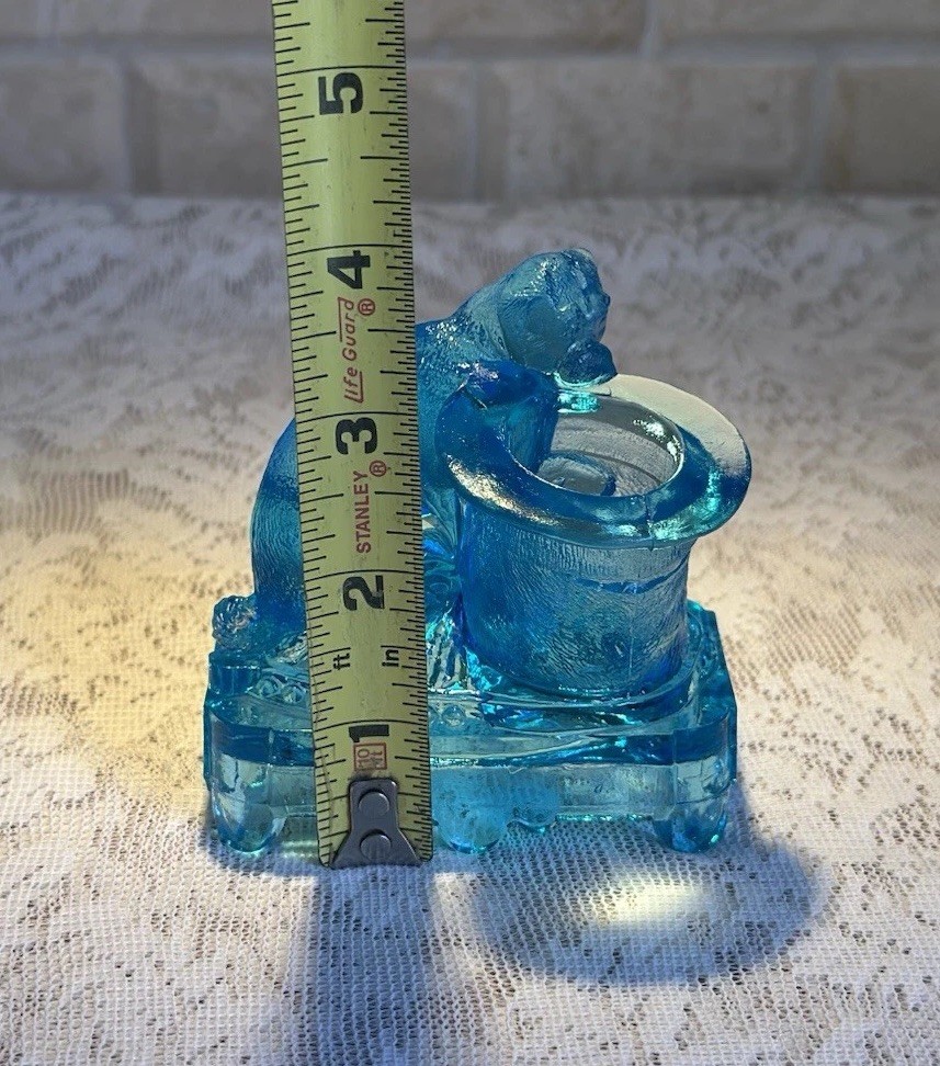Antique Belmont Dog & Top Hat Toothpick Holder Blue Glass Figural 1887 EAPG
