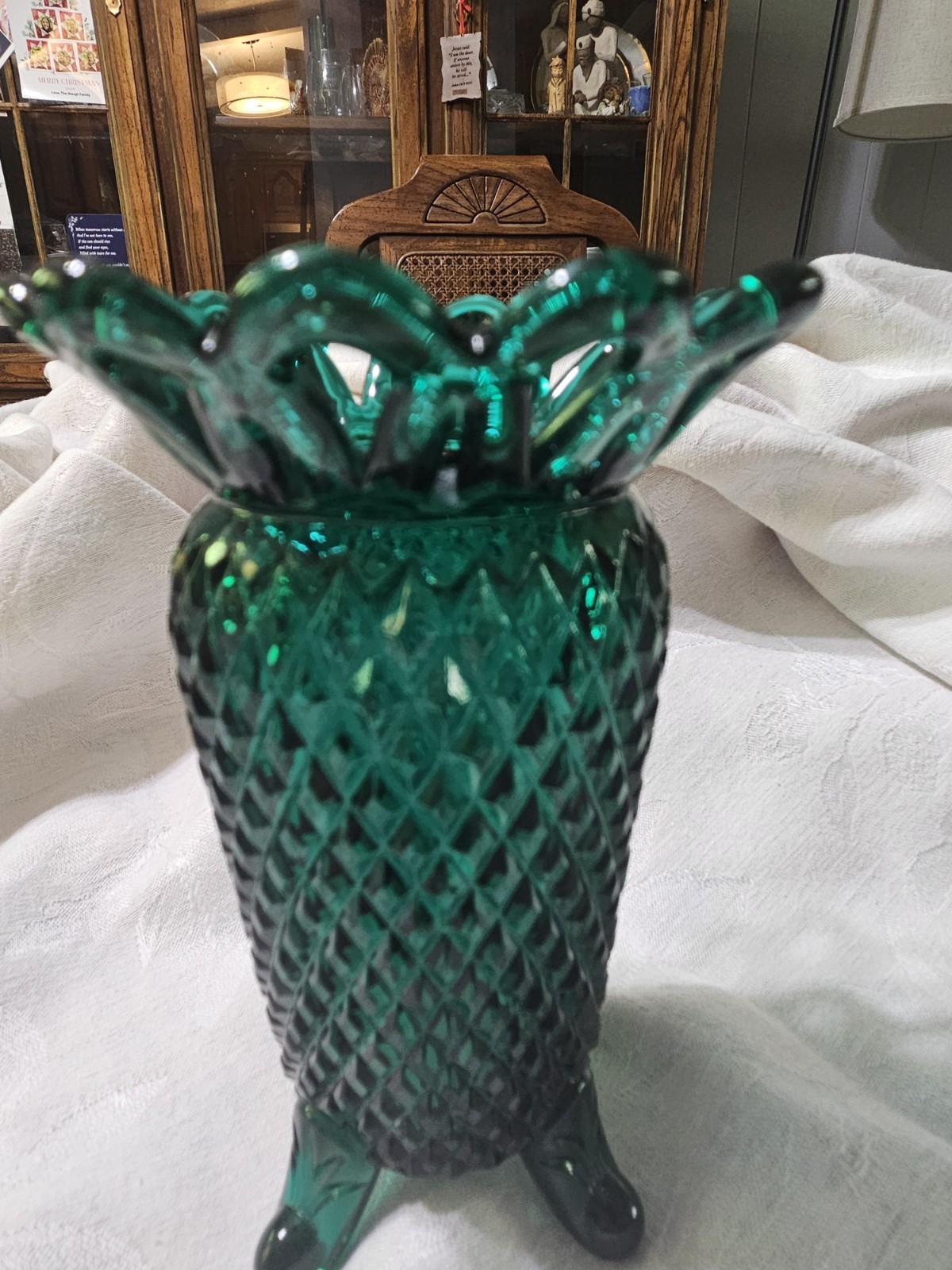 3.5″ IMPERIAL GLASS FOOTED VASE LACED EDGE TOP DIAMOND PATTERN B EMERALD GREEN