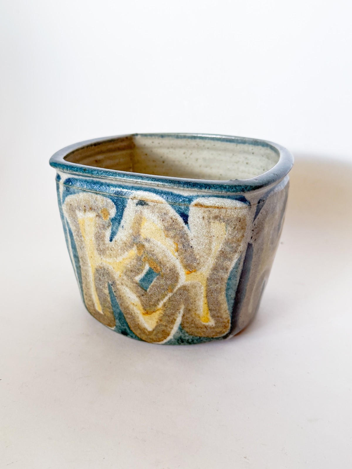 Mid 20th Century Glazed Studio Pottery Squared Planter, Signed, Mod Design