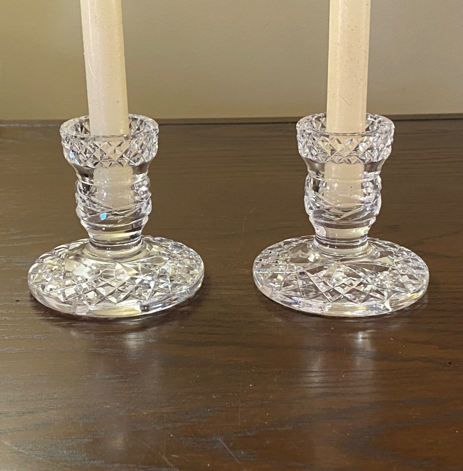 Pair of Waterford Glandore Crystal 3 3/8″ H Candle Holders Candlesticks ~ Signed