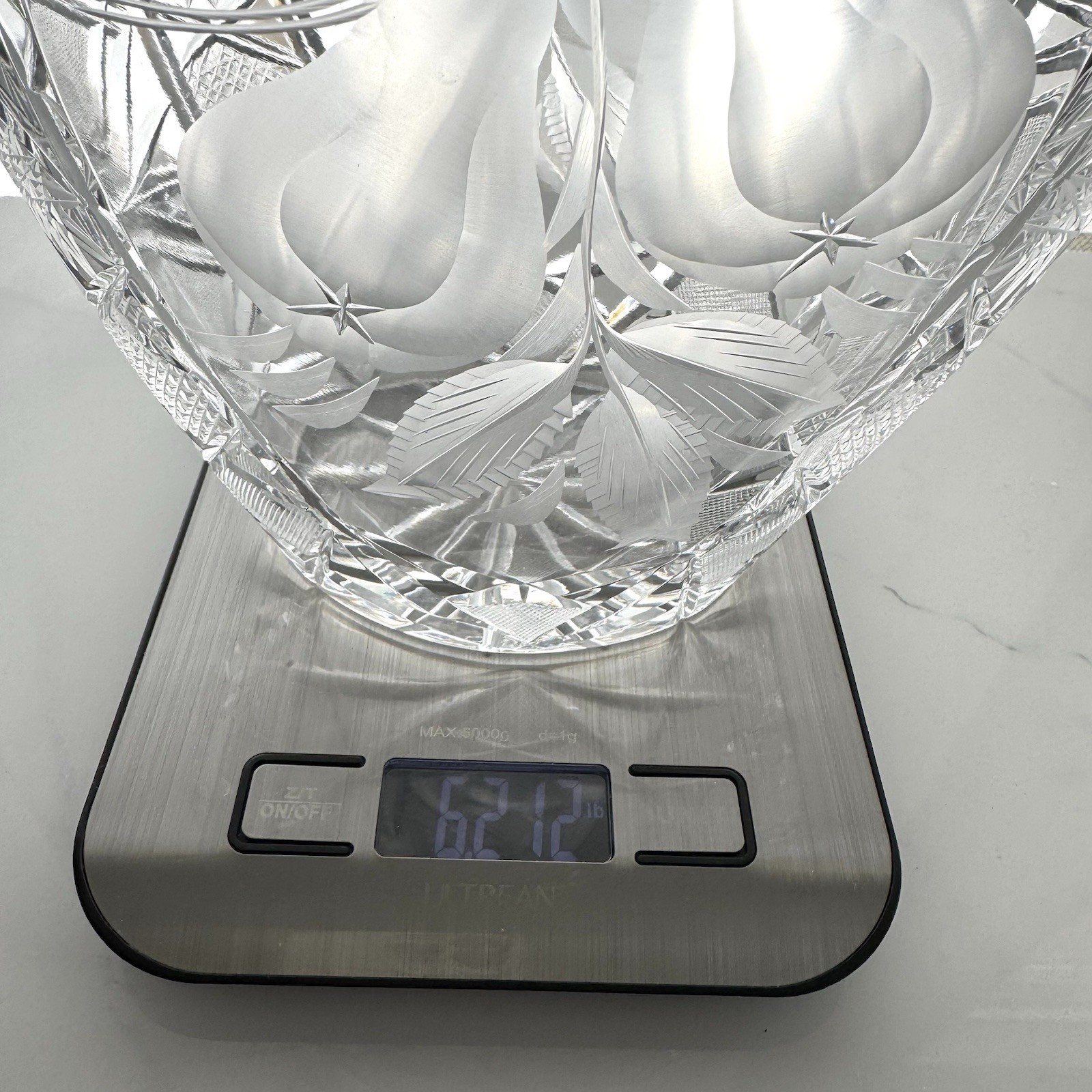 Vintage Heavy Cut Lead Crystal Vase Etched Pear Fruit Bohemian 10.5” Tall Europe