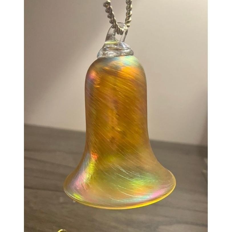 Vintage Hand Blown Iridescent Art Glass Bell Christmas Ornament 4.25″