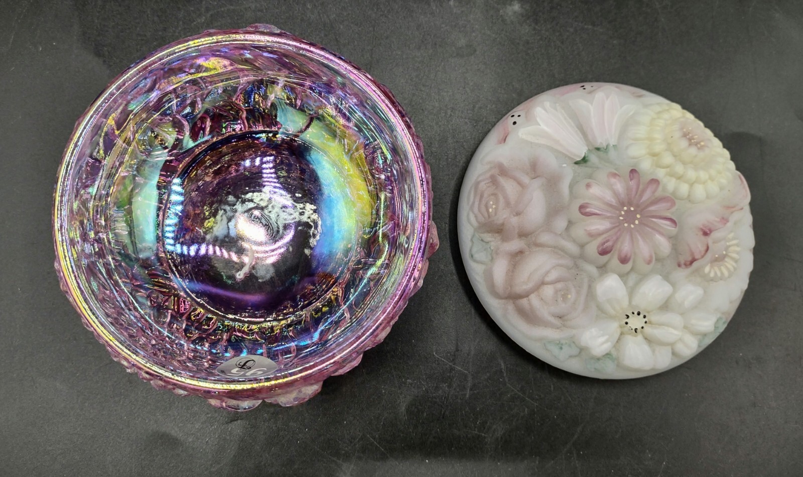 Fenton Art Nouveau Satin Glass Lid Handpaint Signed Dresser Vanity Jar/Box 4″