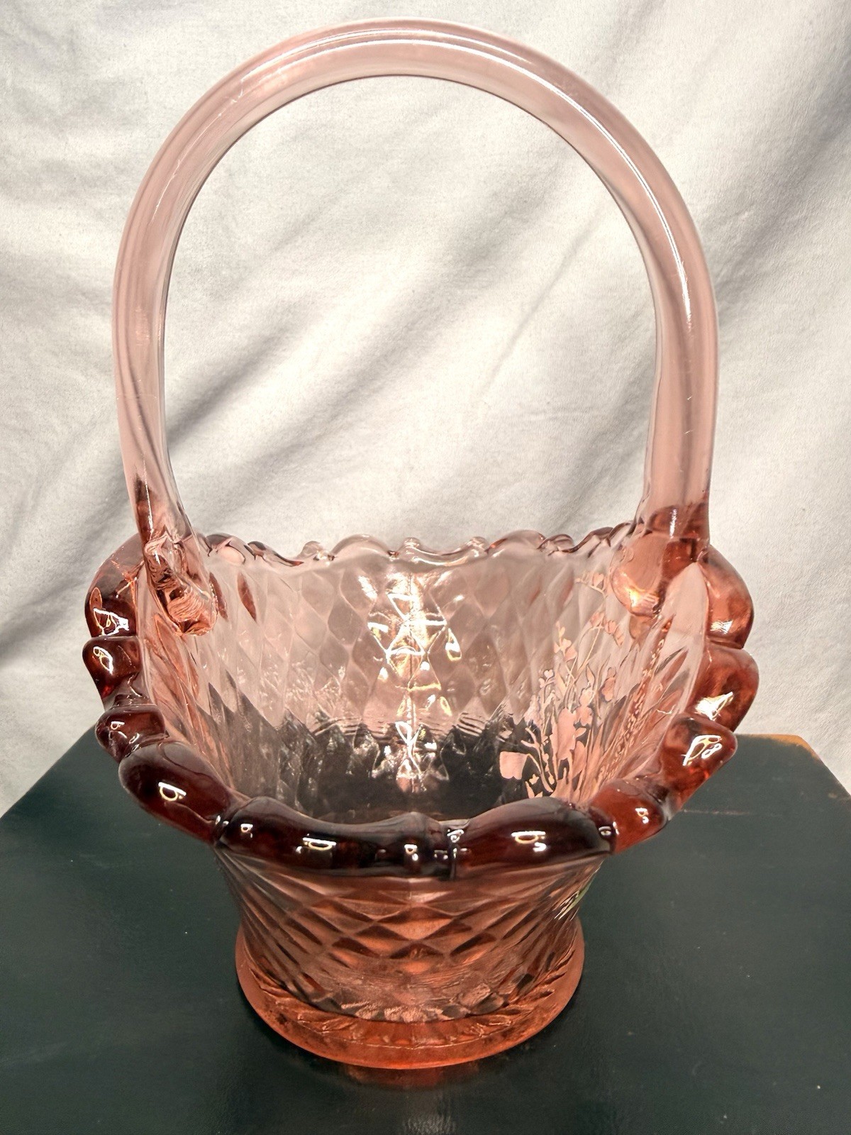 Vintage 1980’s Fenton Pink Diamond Glass Basket Hand Painted Butterfly Floral