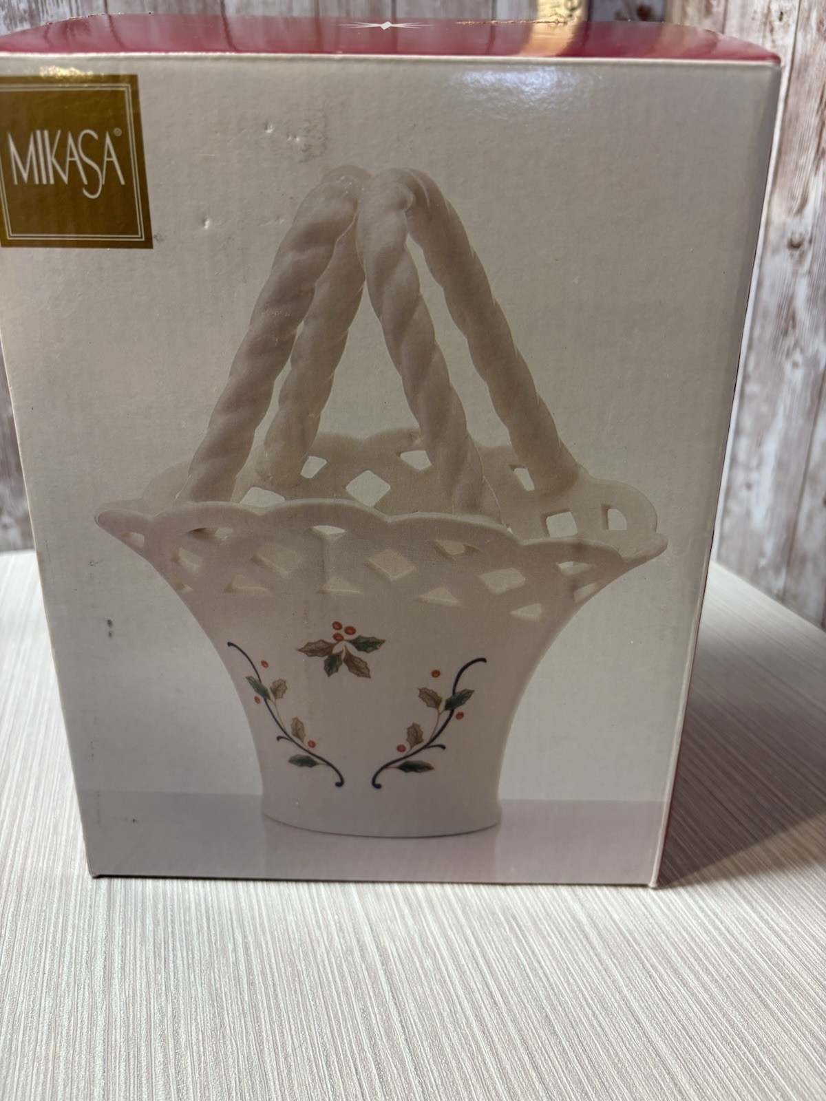 NIB Mikasa Basket Christmas Holly Berry Holiday Lace Porcelain 7 1/2″ FREE SHIP