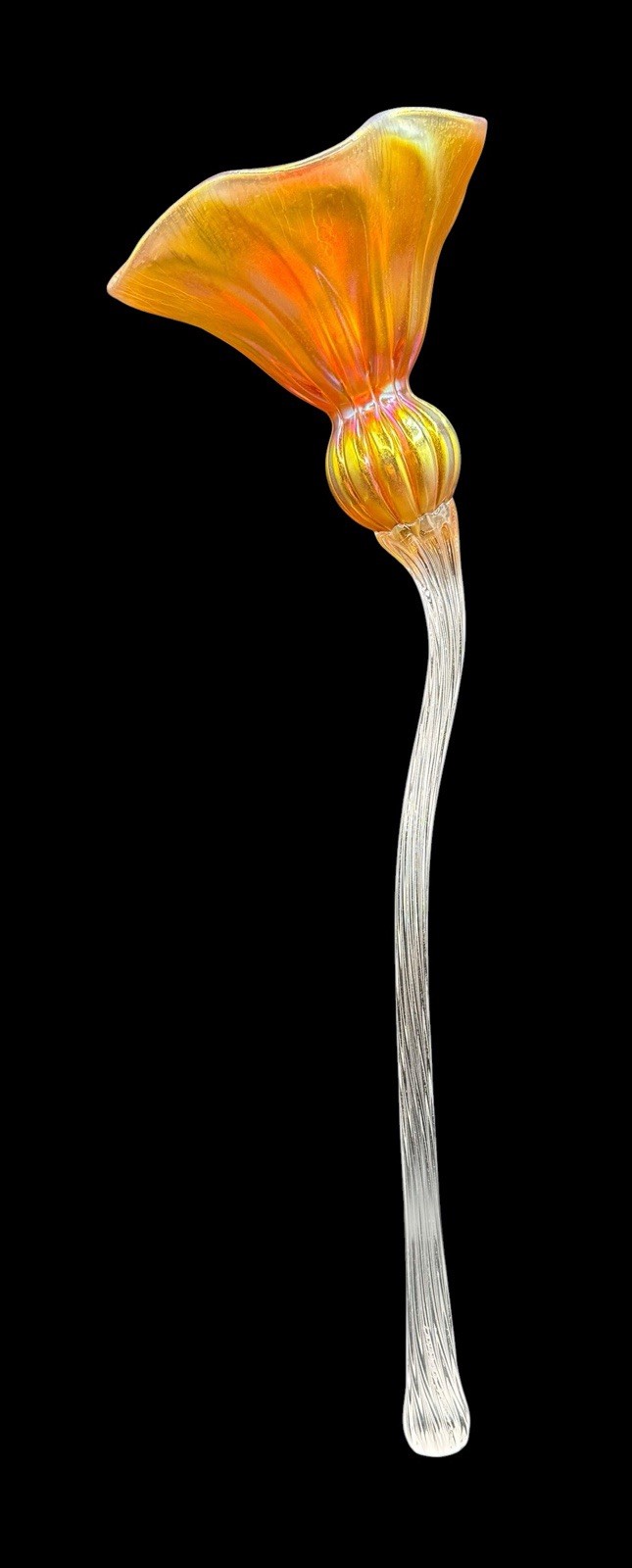 Lundberg Studios Art Glass Flower Stem Iridescent Poppy Orange Aurene 2005 16”