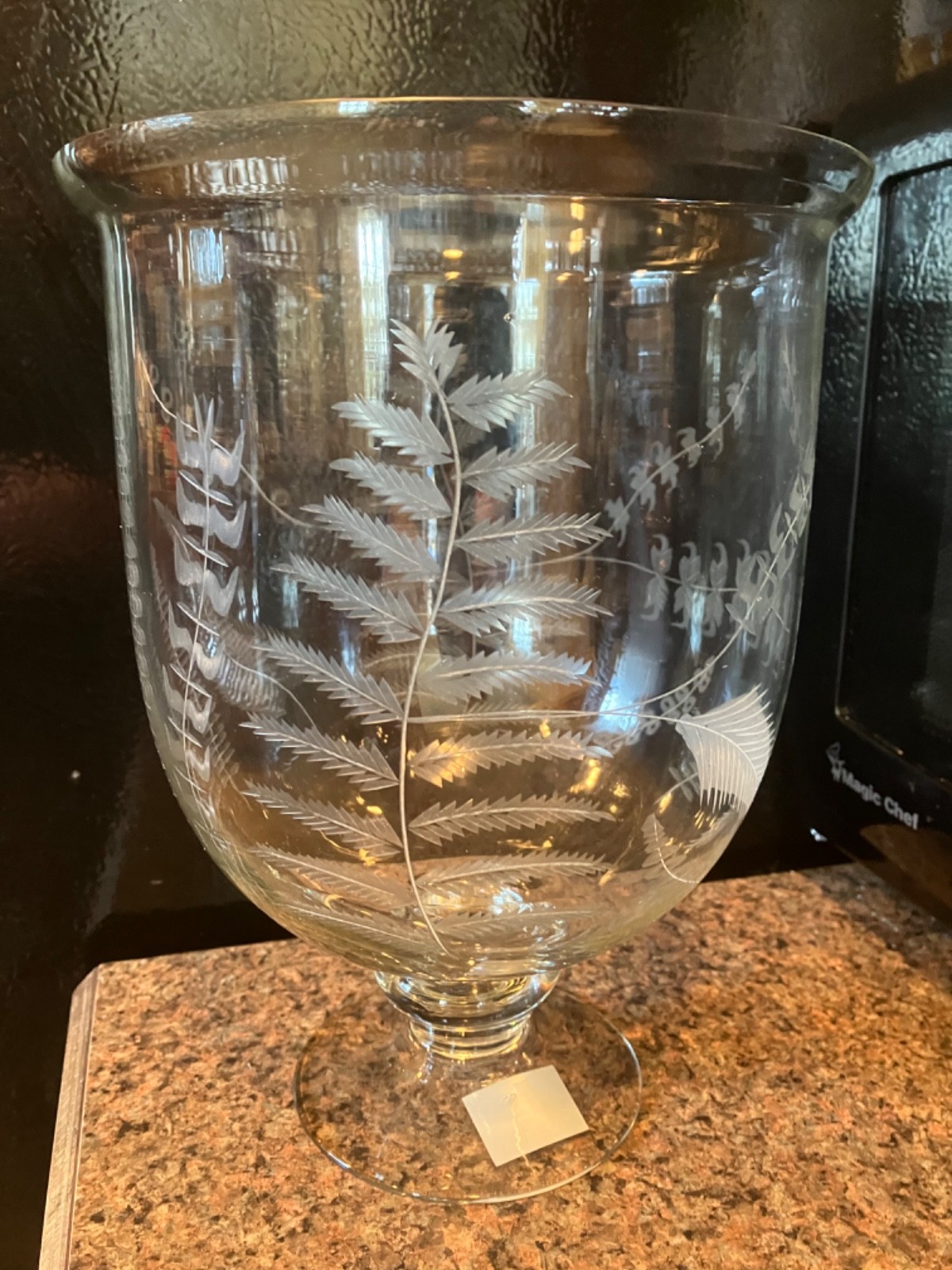 Fern cut and etched Large crystal footed vase/ candle holder 9.75 high 7.25 wide