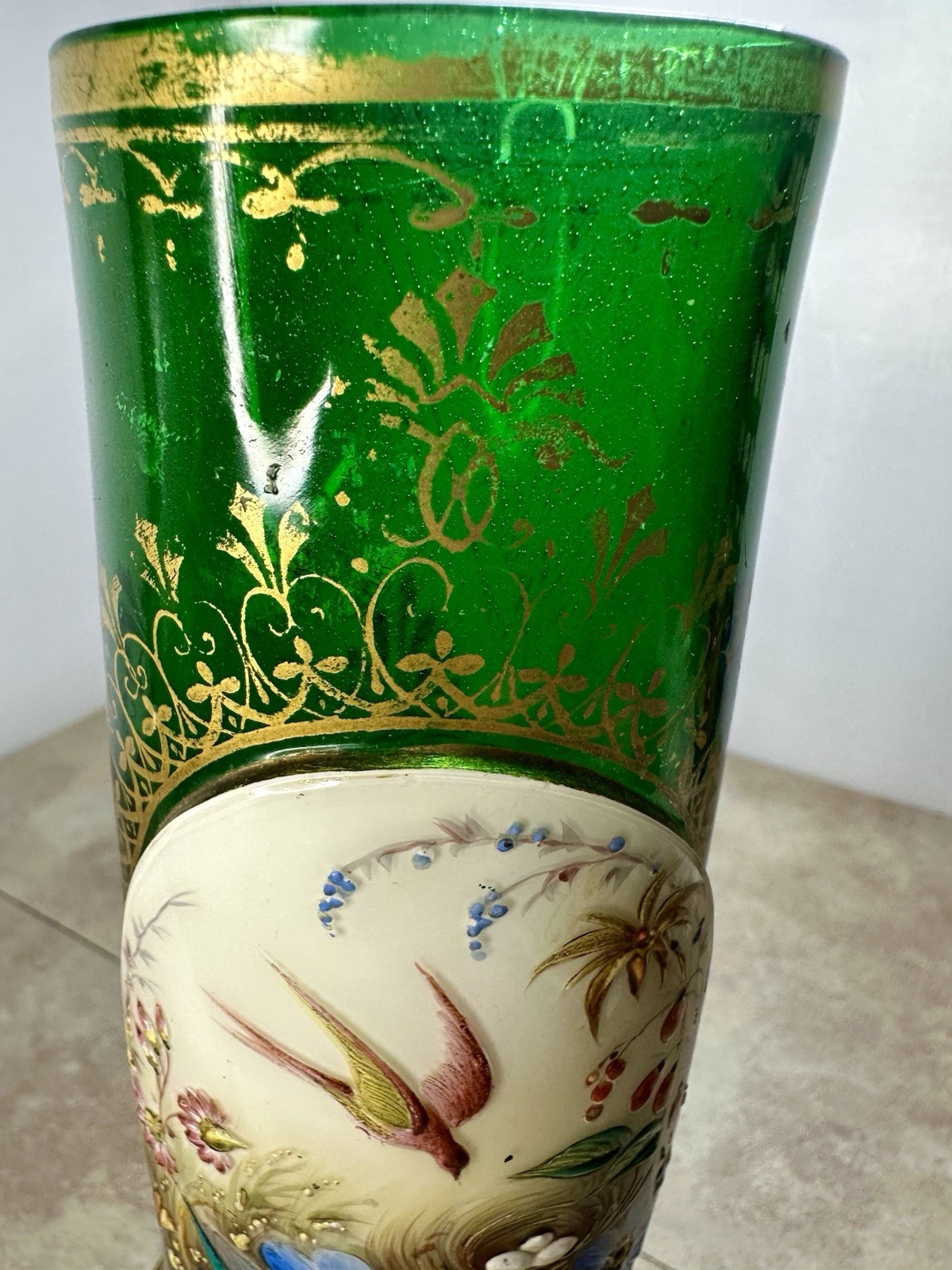 Antique 19th C Moser Green Glass Bird & Flowers Gold Gilt Vase Applied Porcelain