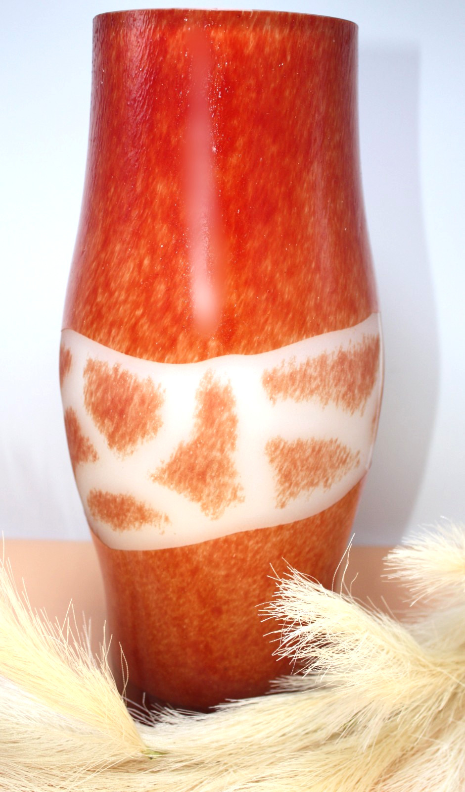 Vintage Mint Orange Giraffe Pattern 12″ Blown glass Vase Made In Poland