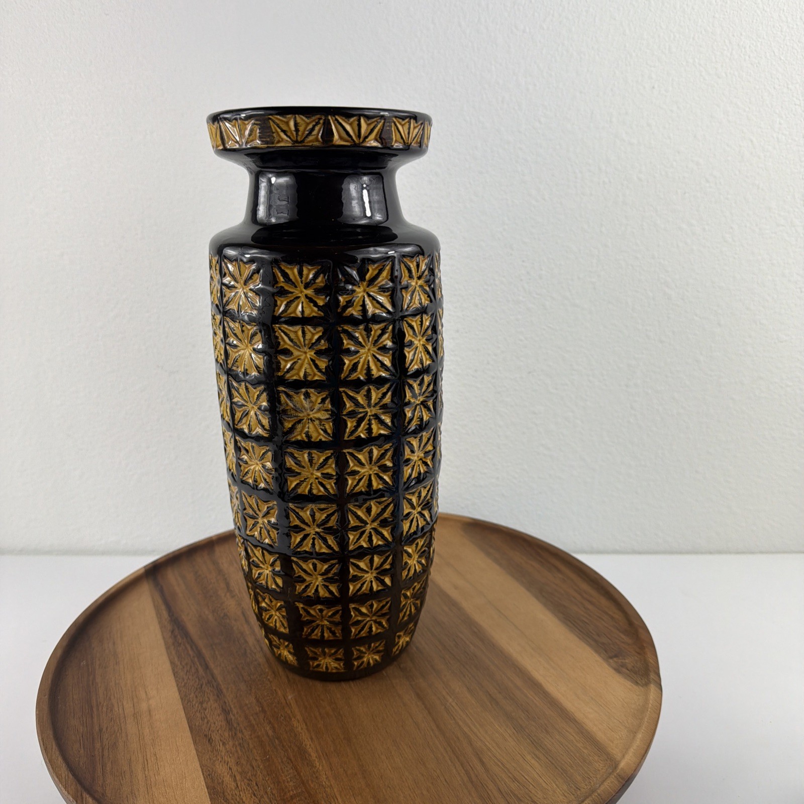 VTG Scheurich 261-30 West Germany Art Pottery Vase Amber Black Geometric