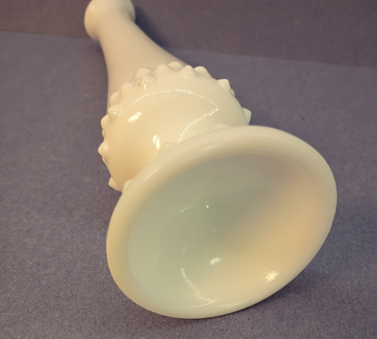 Vintage Fenton Swung Stretch Pedestal Footed Hobnail Milk Glass Bud Vase 8.5″