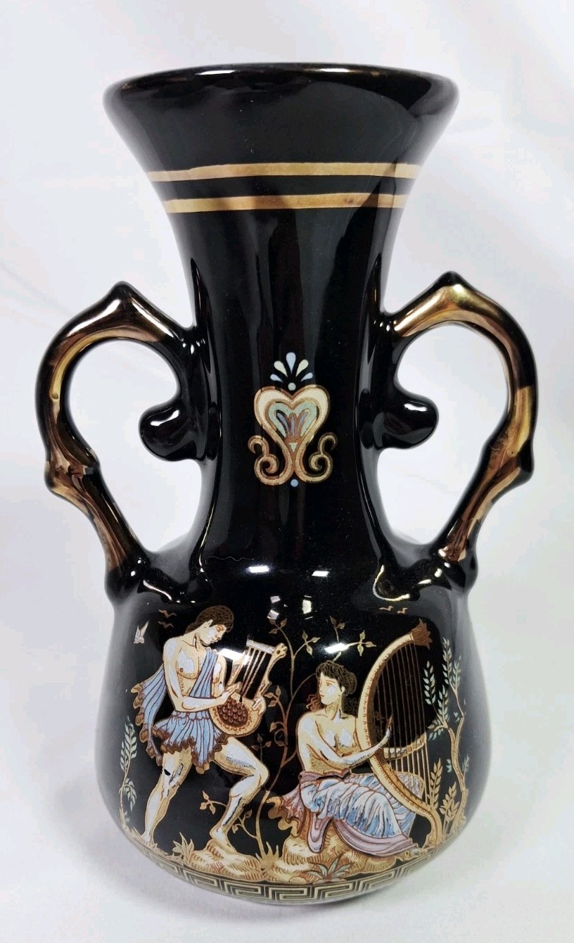 Vintage Greek Mythology Black Gold Amphora Vase Double Handle Urn Harp Greece