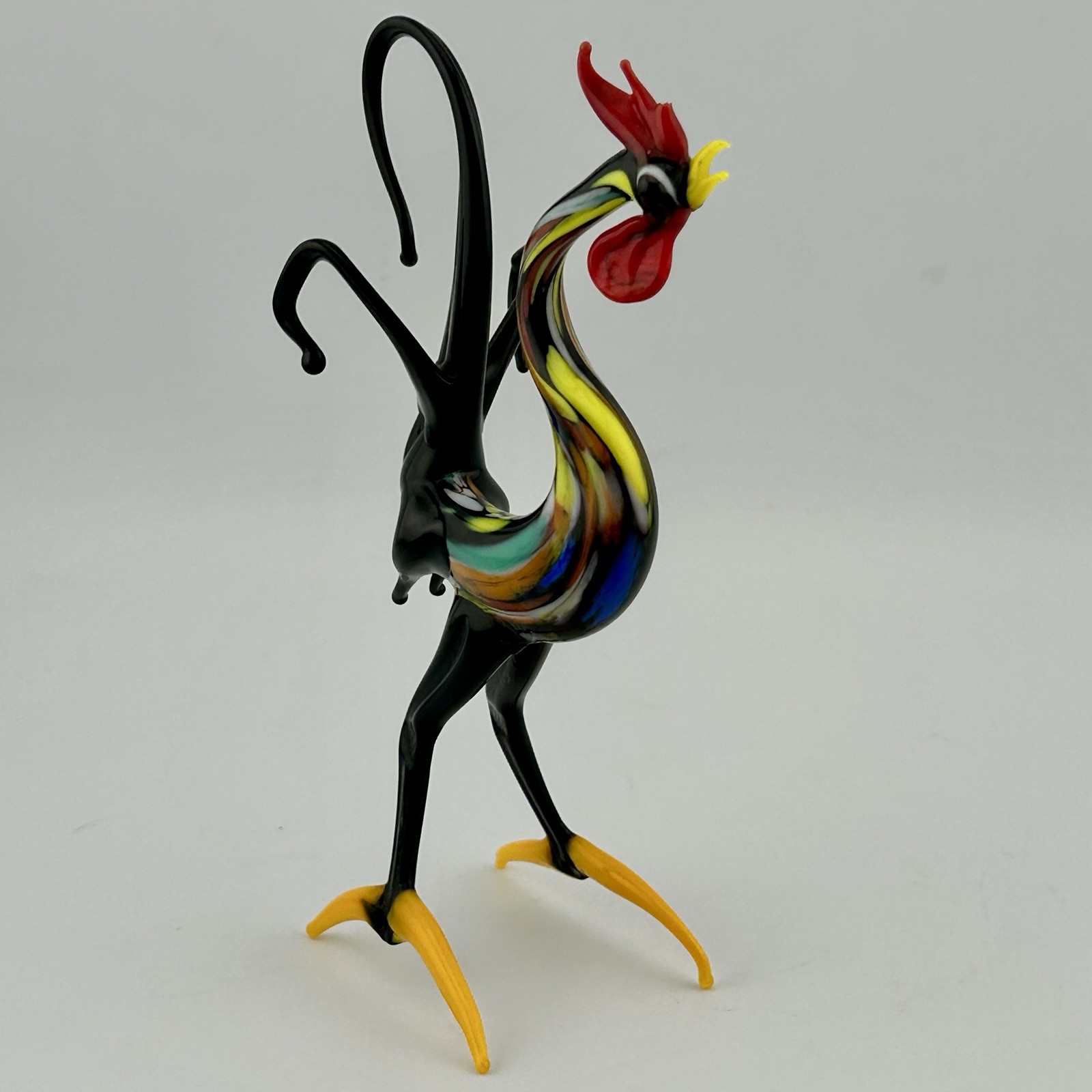 Murano Venetian Lampwork Glass Rooster Black Confetti 1950s VTG 5″