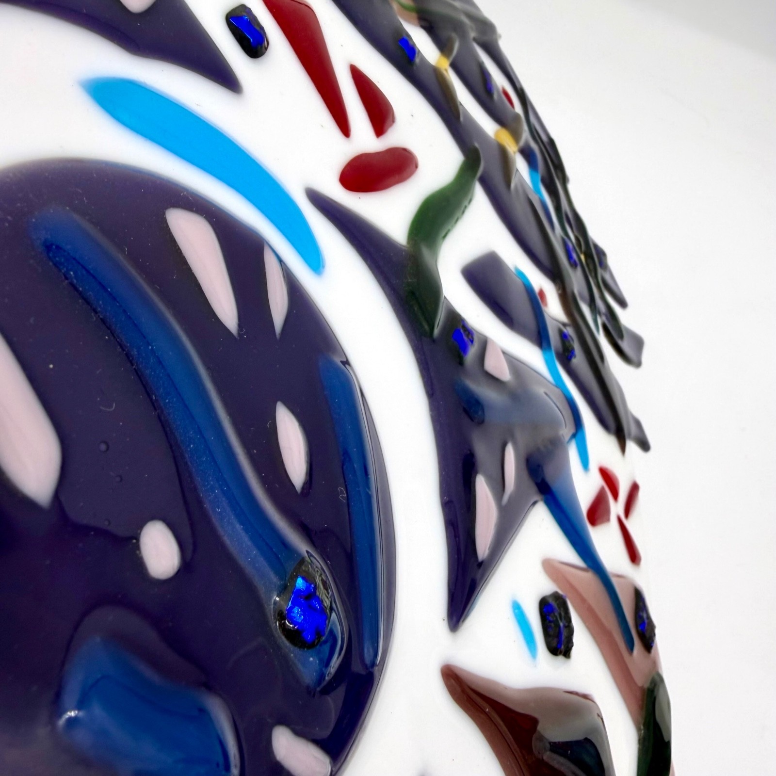 Vtg Fused Glass Wall Hanging Modernist Abstract Face Geometric Blue Dichro 15”