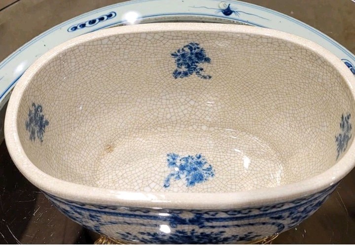 BLUE BOUQUET FLORAL PORCELAIN AND BRONZE ORMOLU OVAL PLANTER