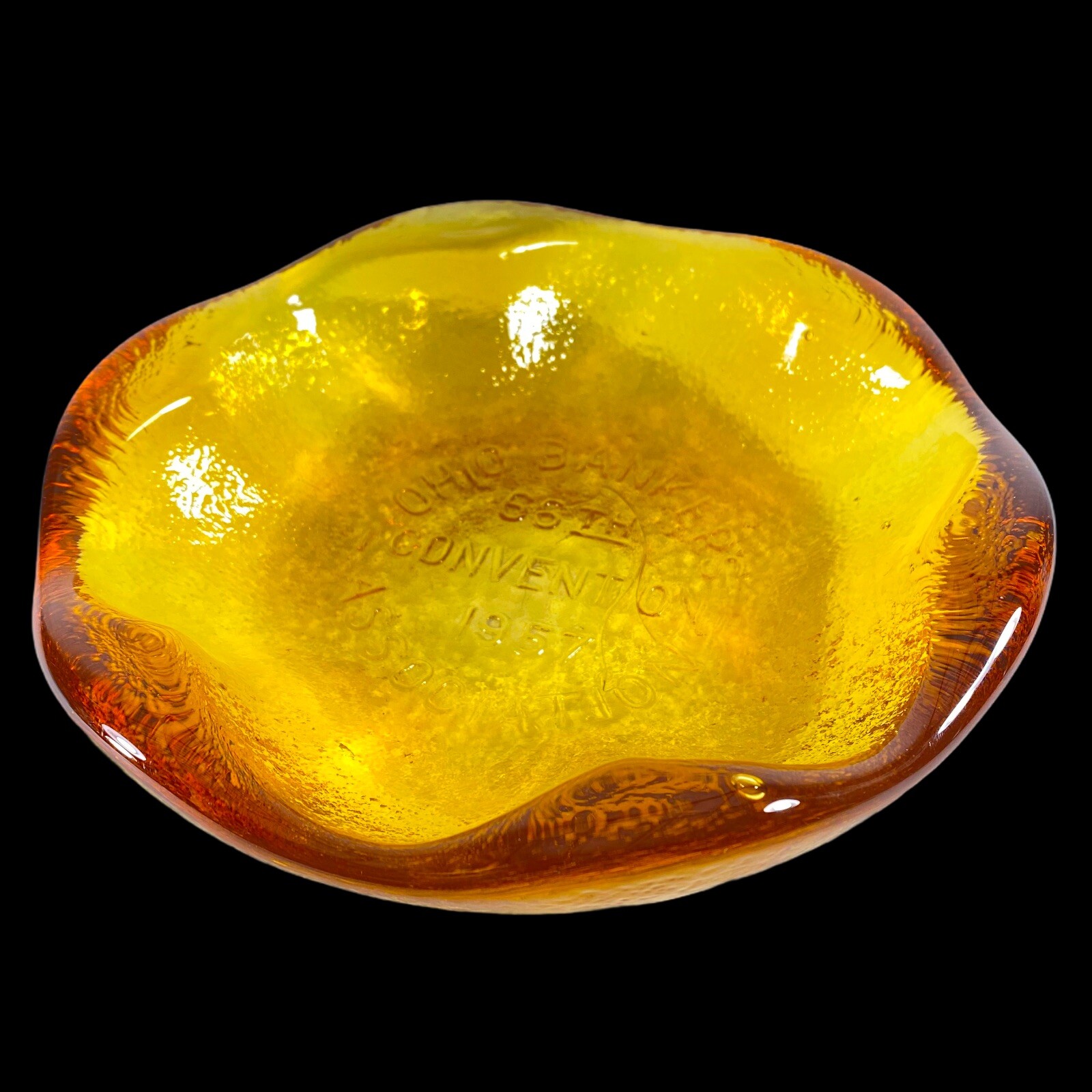 Vintage Art Glass Paperweight Bowl Ashtray Ohio Bankers 7”D 1”T 1957 Associates