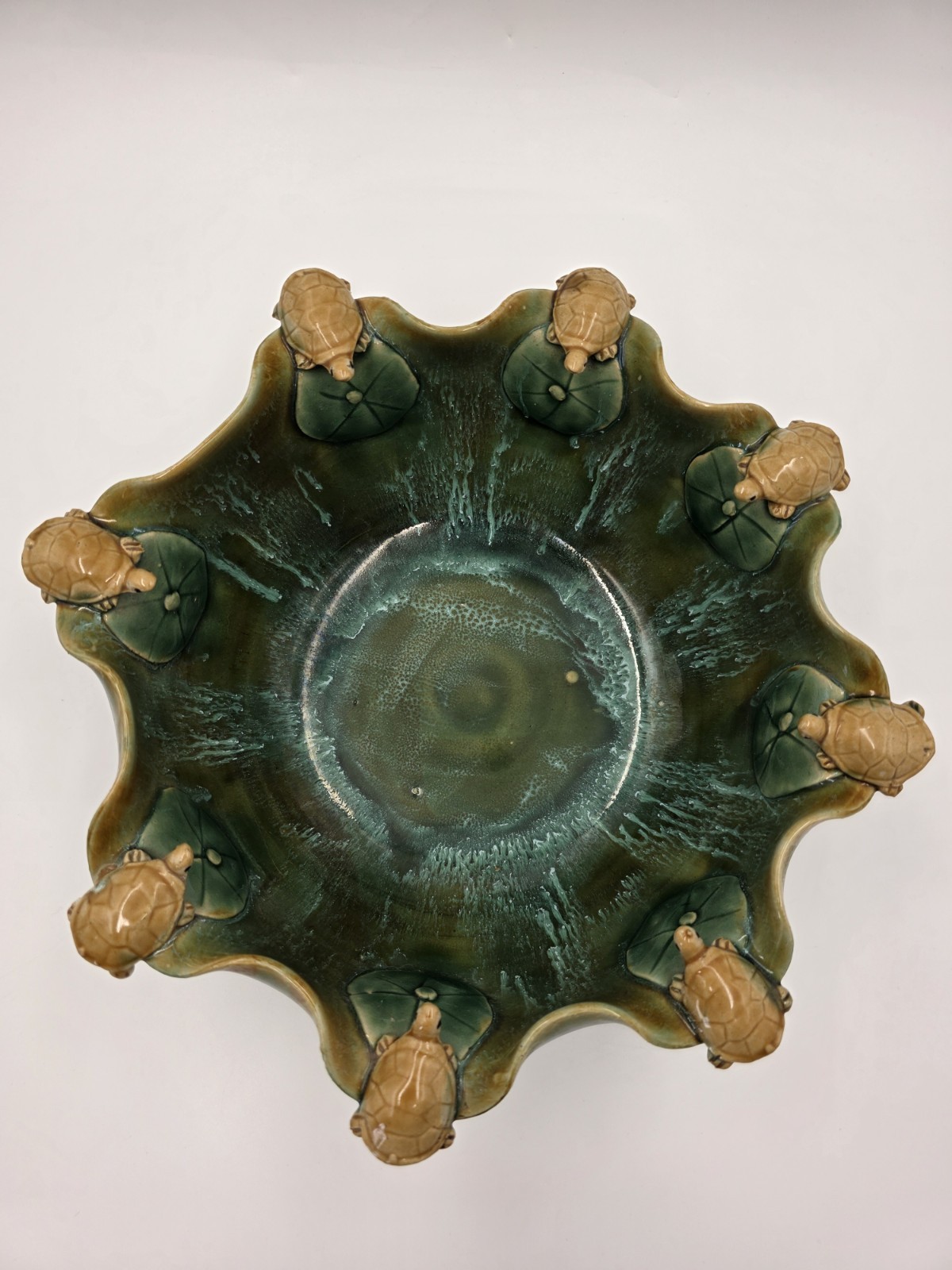 Large Majolica Fortune 13” Planter Bowl 8 Turtles on Lily Pads Galaxy Background