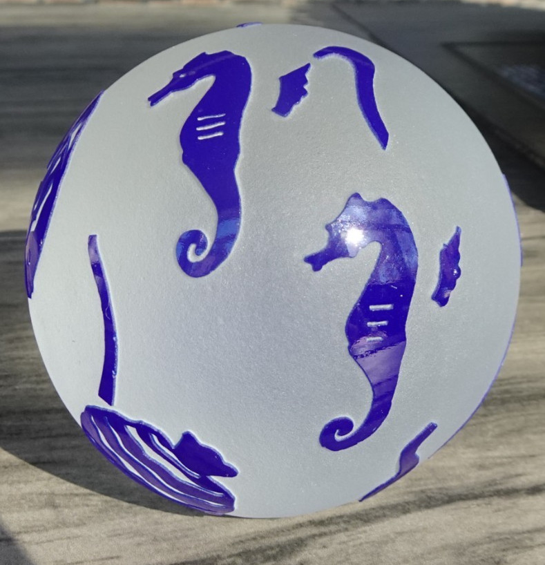 Signed Correia Cameo Acid Etched Art Glass Fish Seahorse Ocean Paperweight 1995
