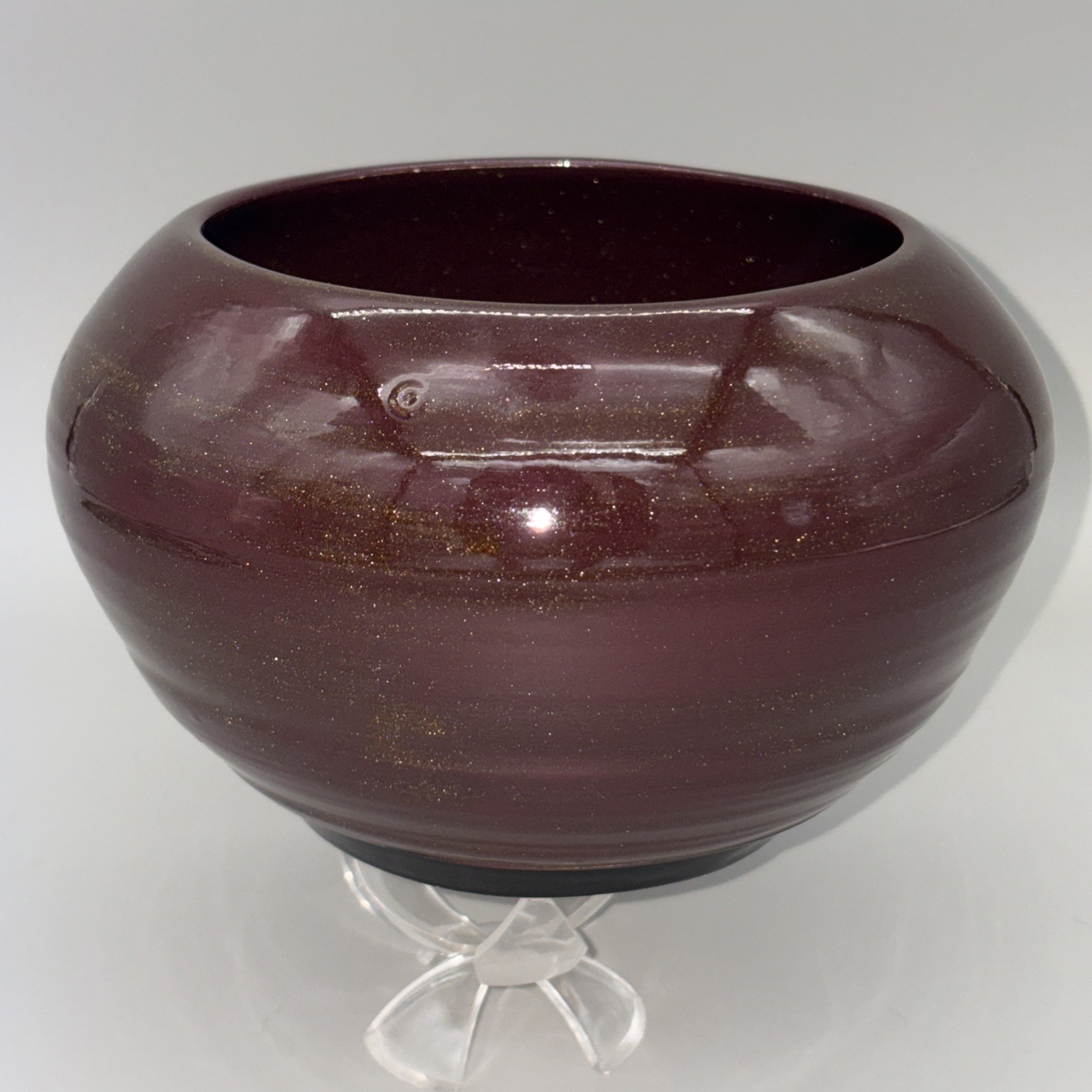 Signed Studio Art Pottery Squat Vase 2006 Maroon Gold Glitter Glaze 7″